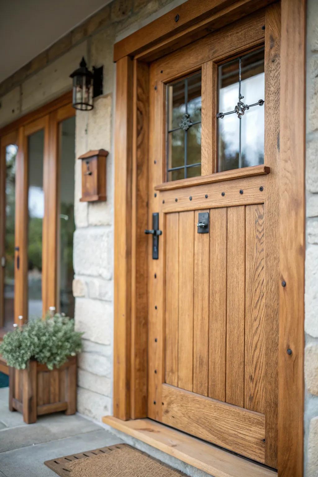 Organic wood embellishments supply a warm and countryside experience to this entrance.