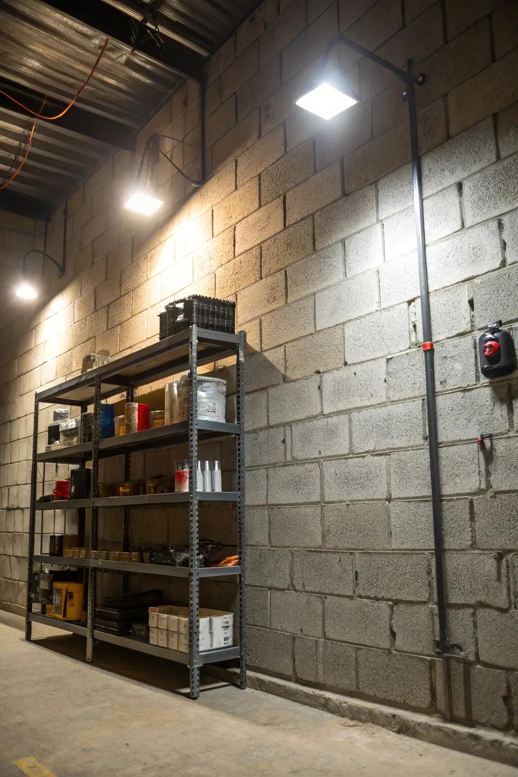 Metal accents bring an industrial touch to a cinder block wall.