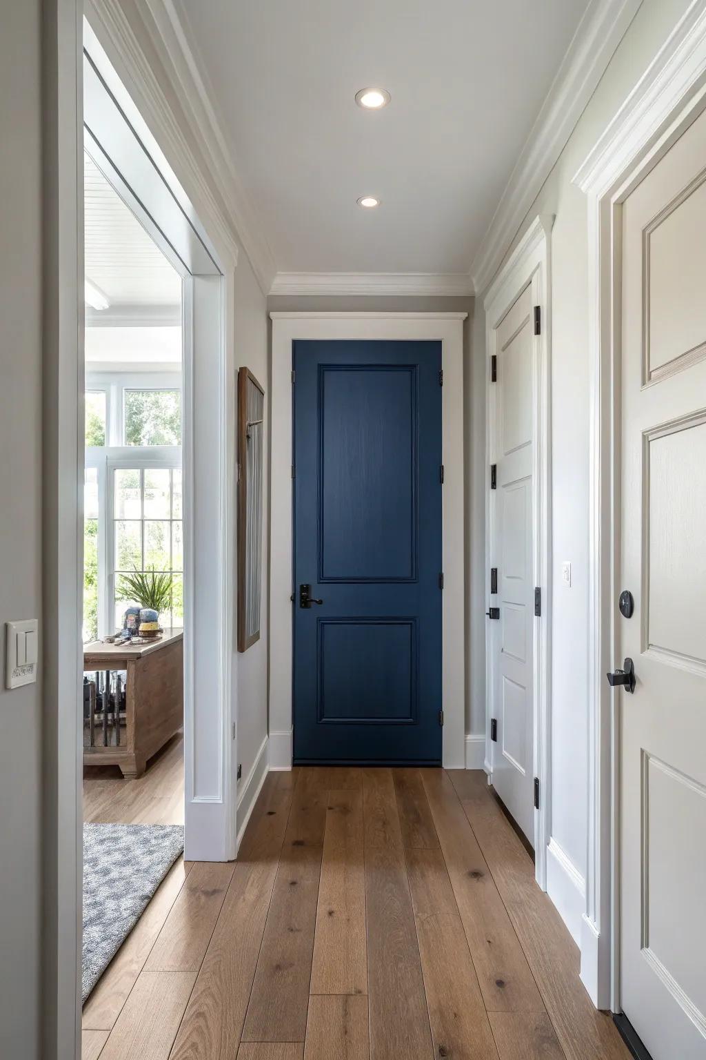 Ocean blue doors establishing an eye-catching core.
