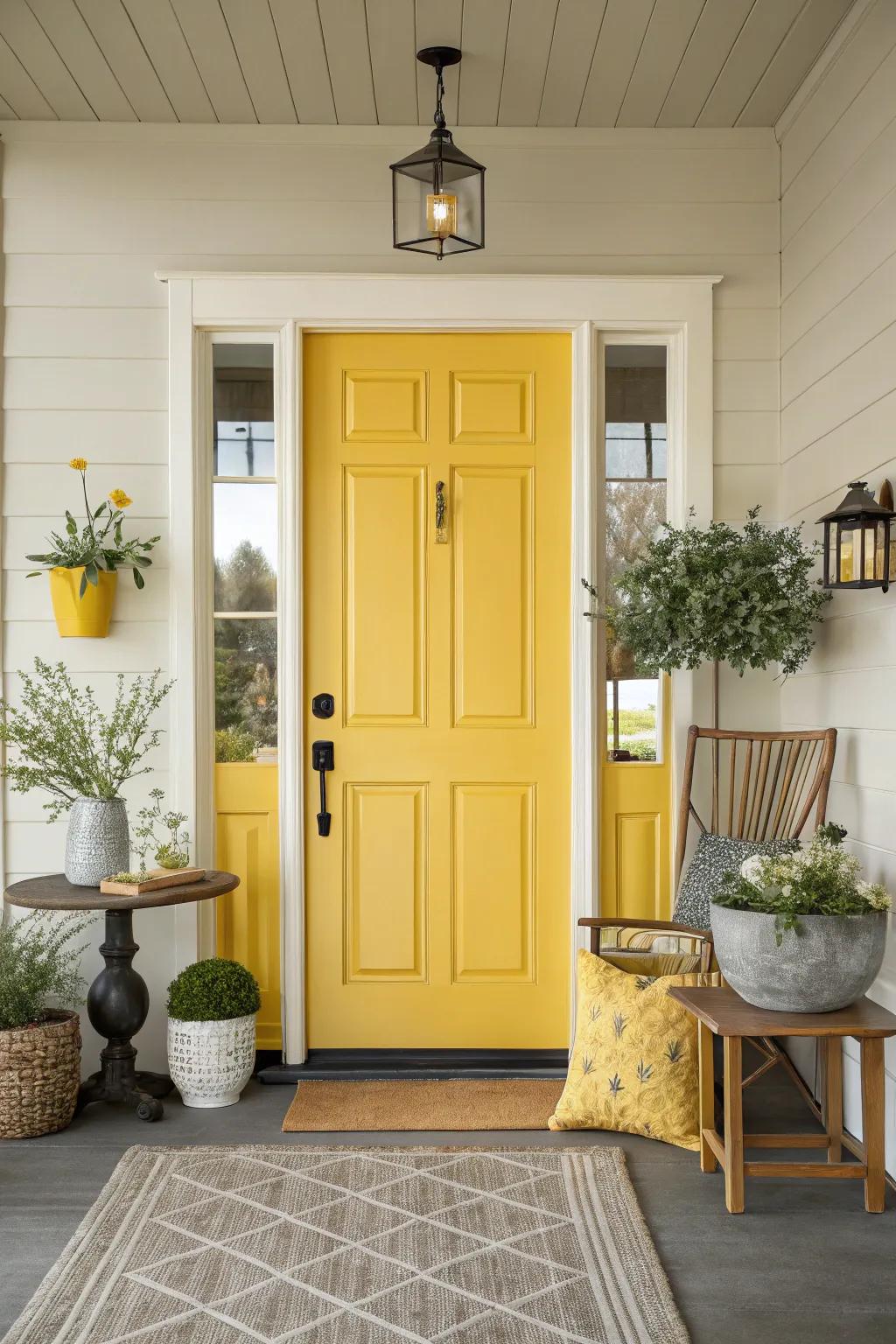 A sunny yellow door creates an upbeat entryway.
