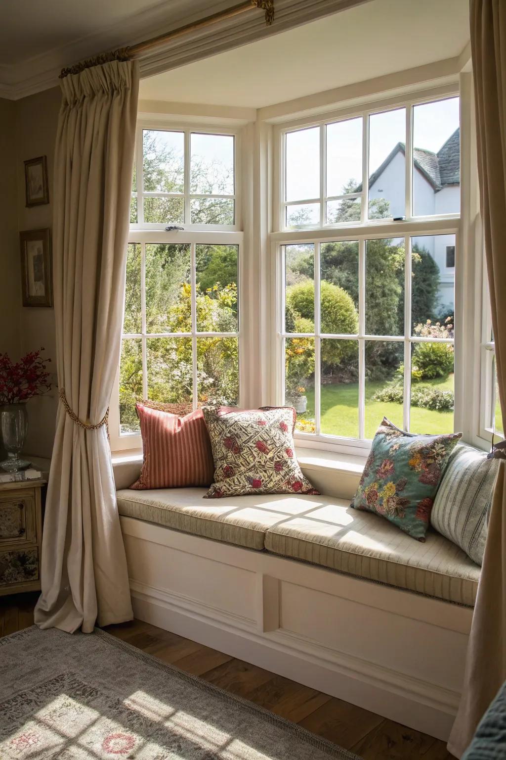 A cozy bay window seating area, perfect for relaxation and reading.
