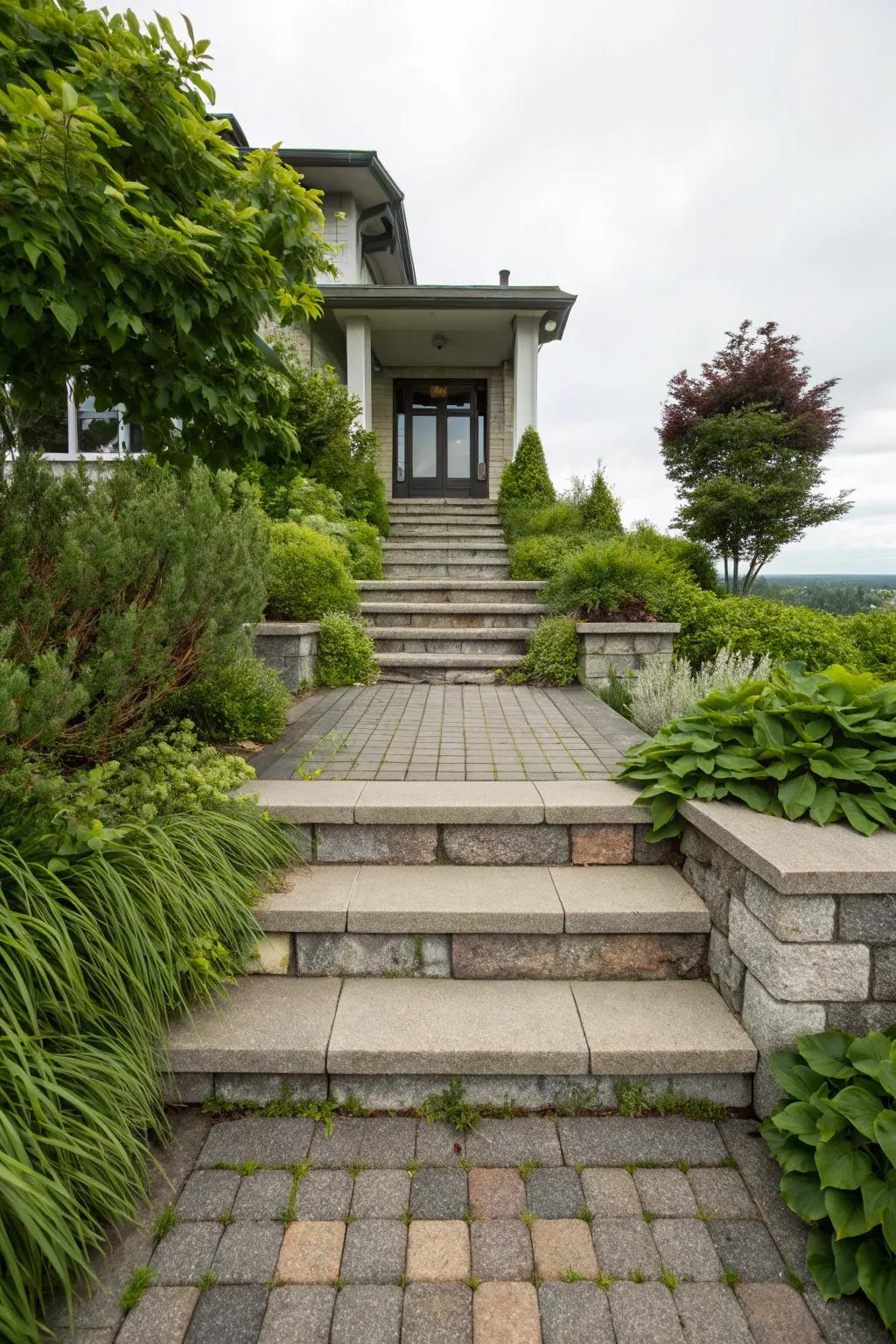 Multi-level paving steps give dimension and flair to this welcoming entryway.