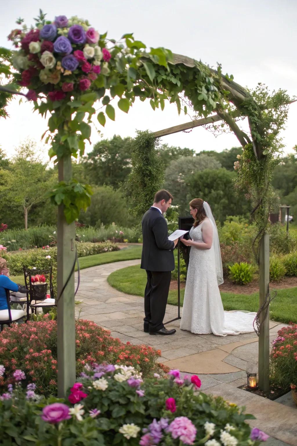 A wedding ceremony set against a lush garden backdrop.