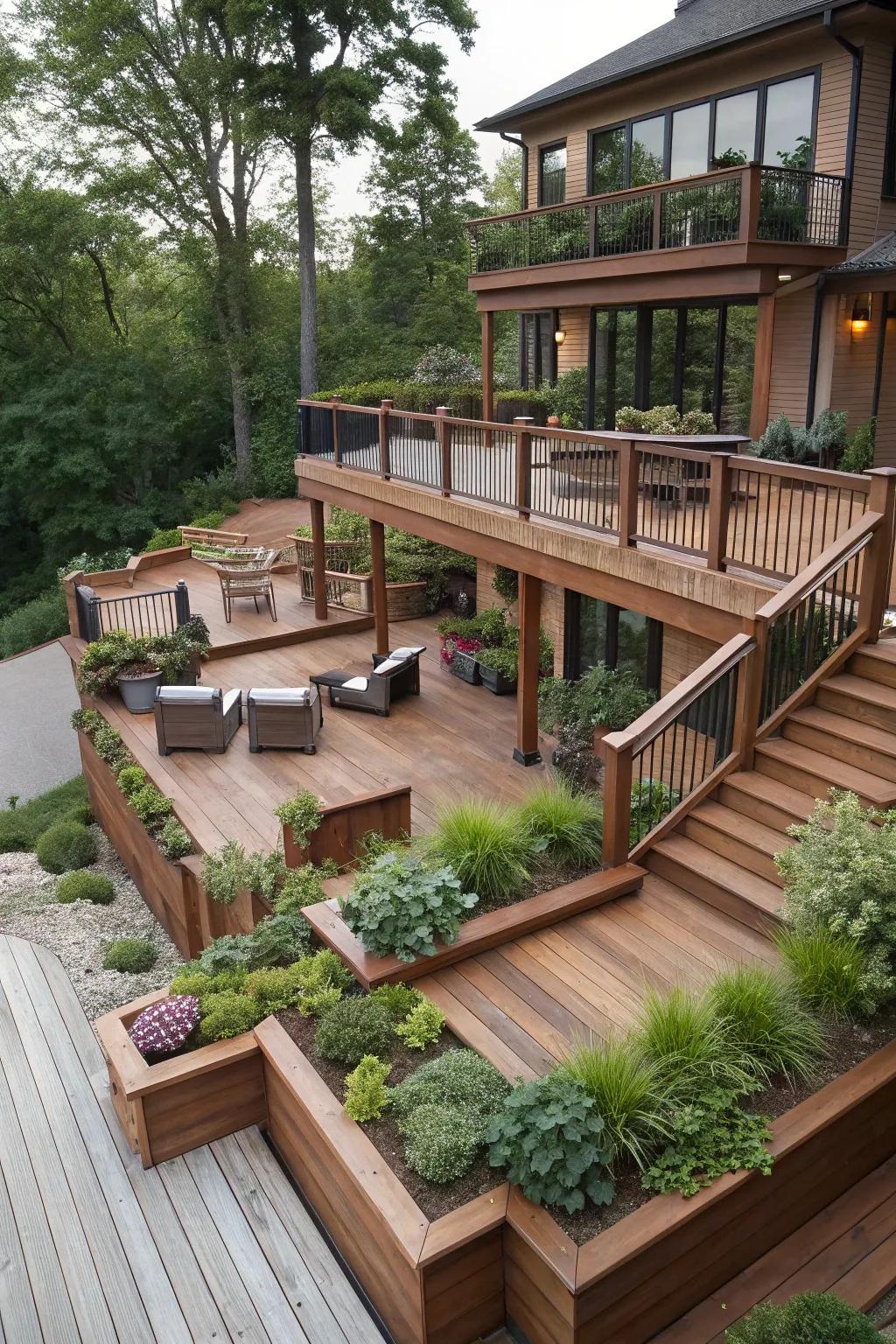 Tiered design optimizes the versatility of outdoor space.