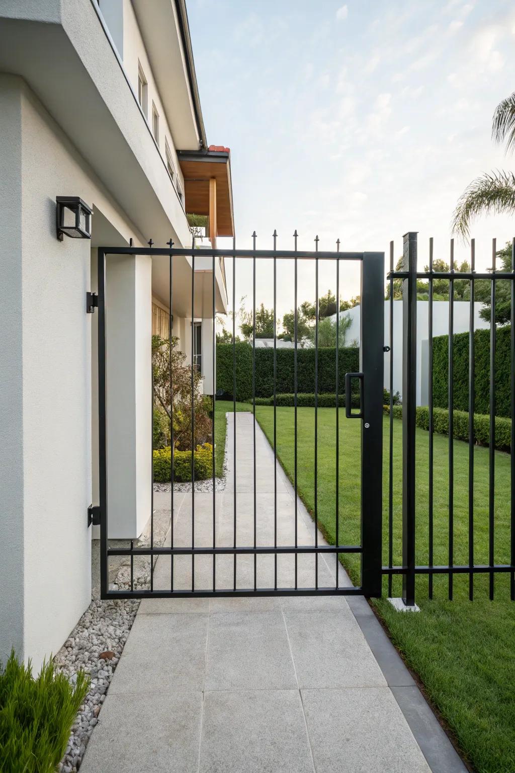 A sleek modern minimalist iron gate complementing a contemporary home.