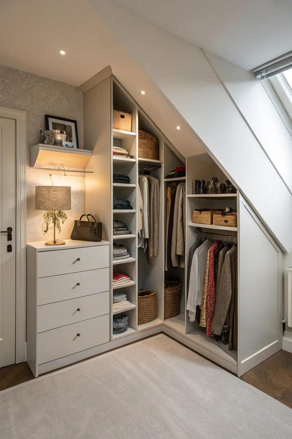 Effective corner storage maximizes space within an oddly shaped closet.