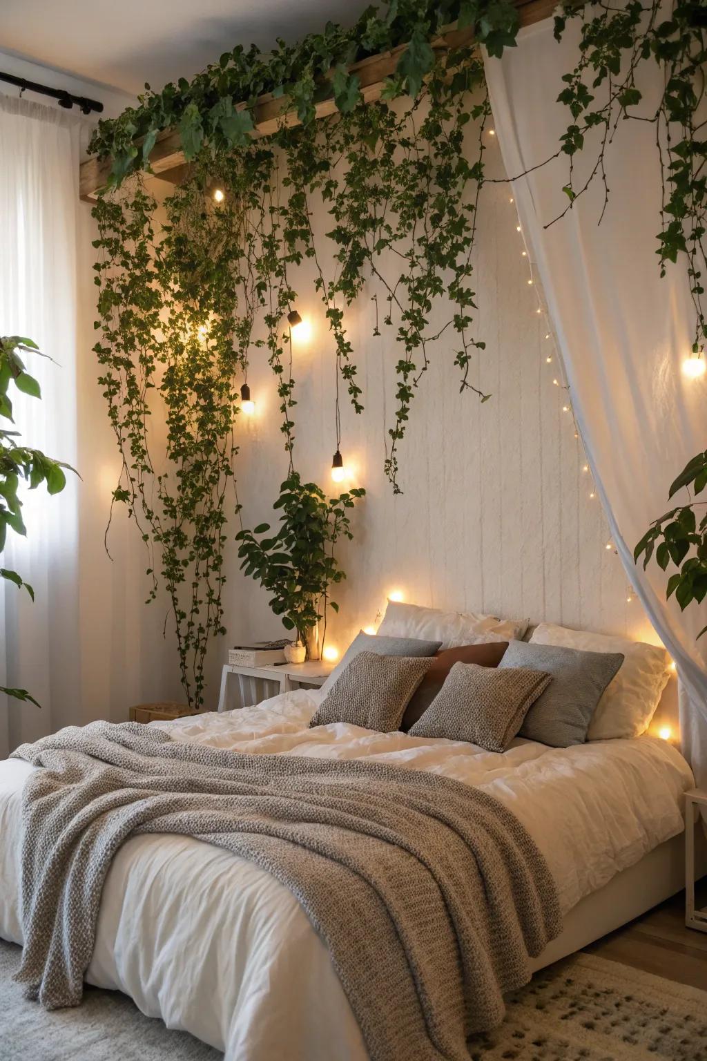 A bedroom showcases an ivy-covered wall, introducing a refreshing touch of nature and serenity.