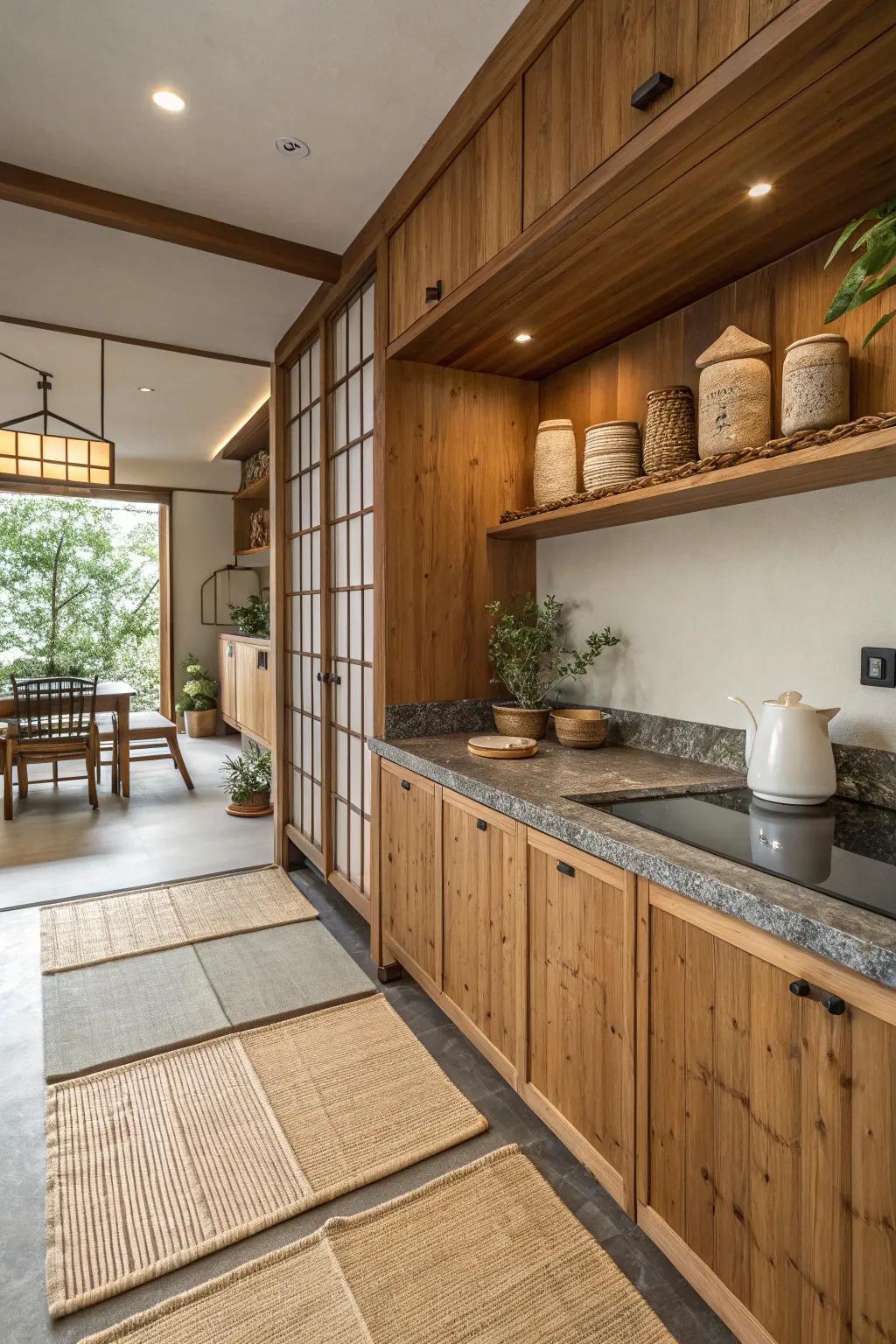 Natural materials infuse a sense of nature into this Japanese kitchen.