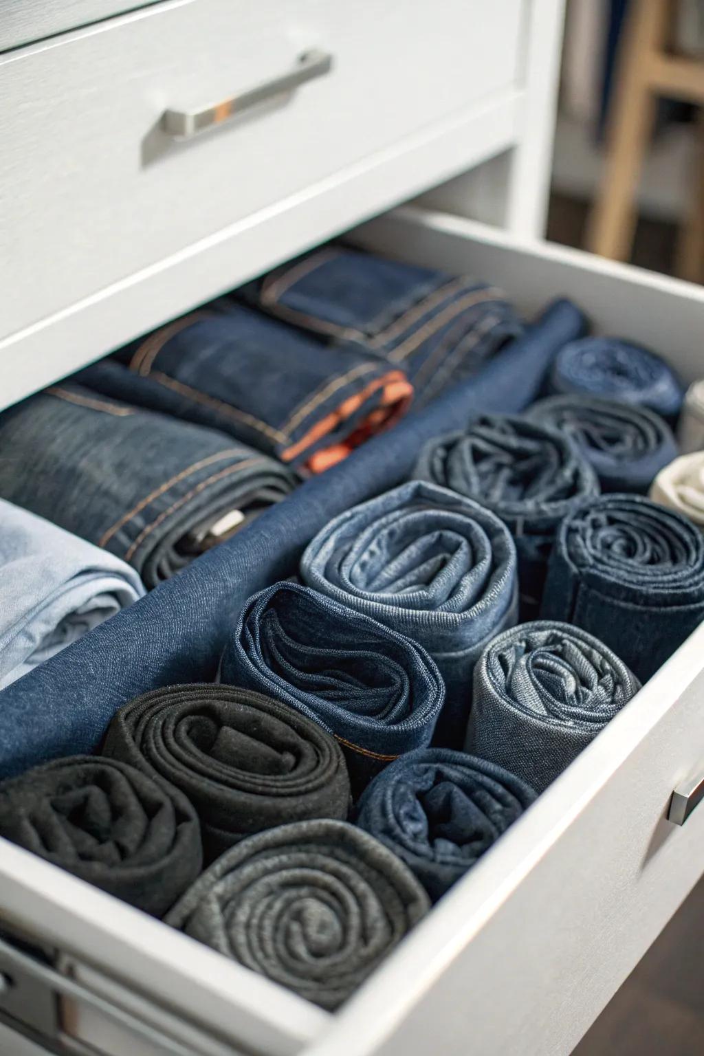 Tightly coiled jeans within a drawer offer a space-saving storage method.