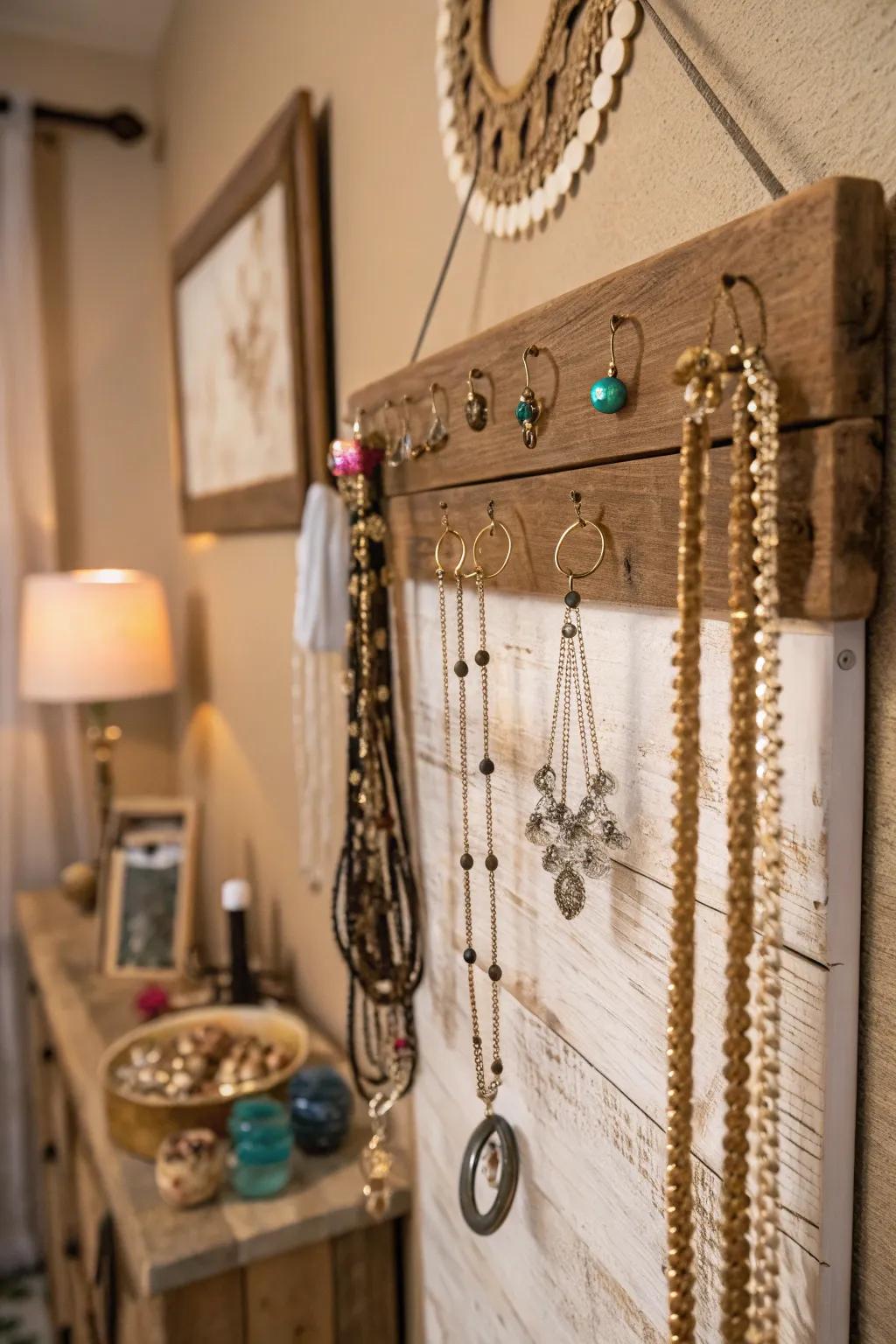 A handcrafted wooden board used to display jewelry