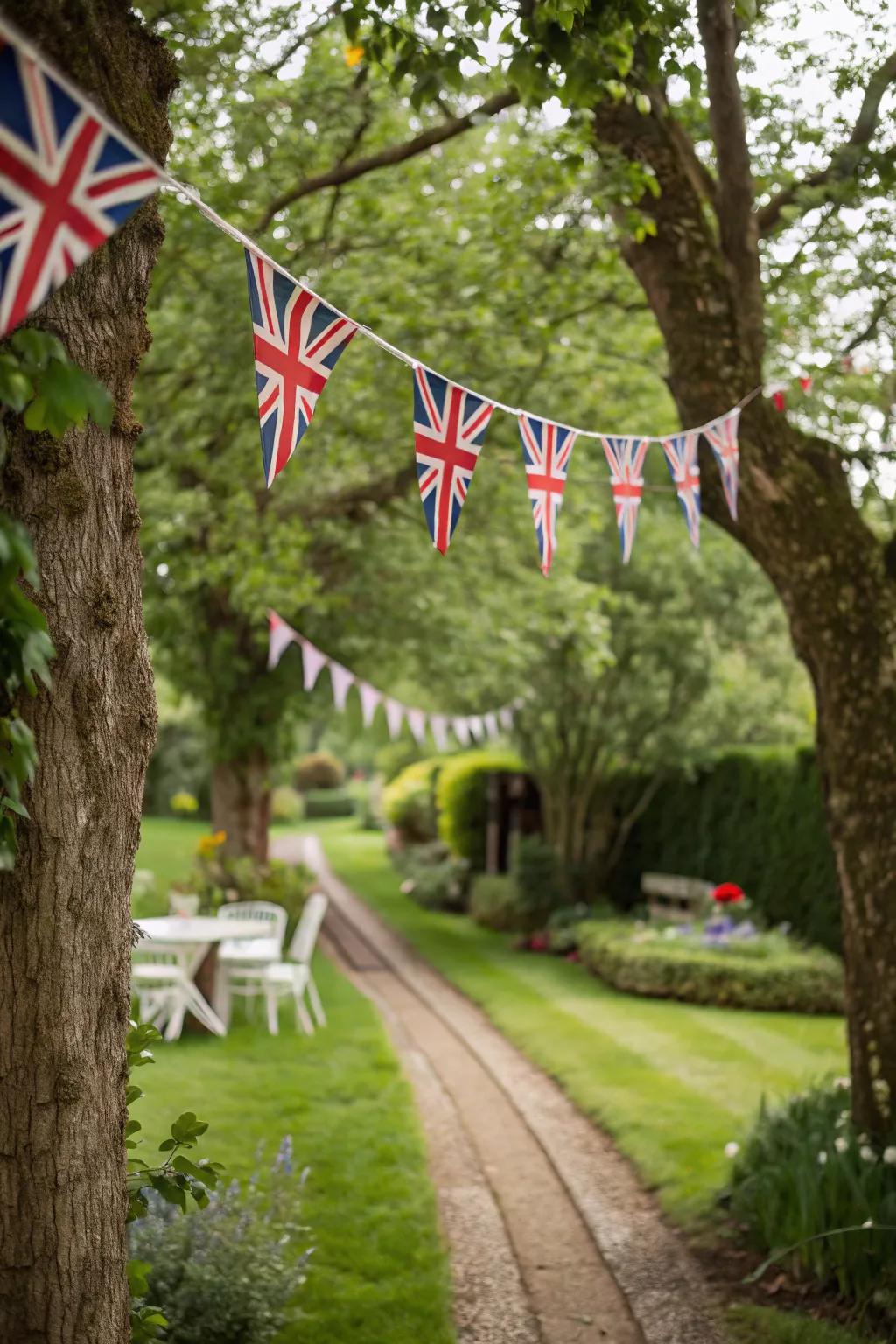 Patriotic pennants adding a festive touch to a garden.