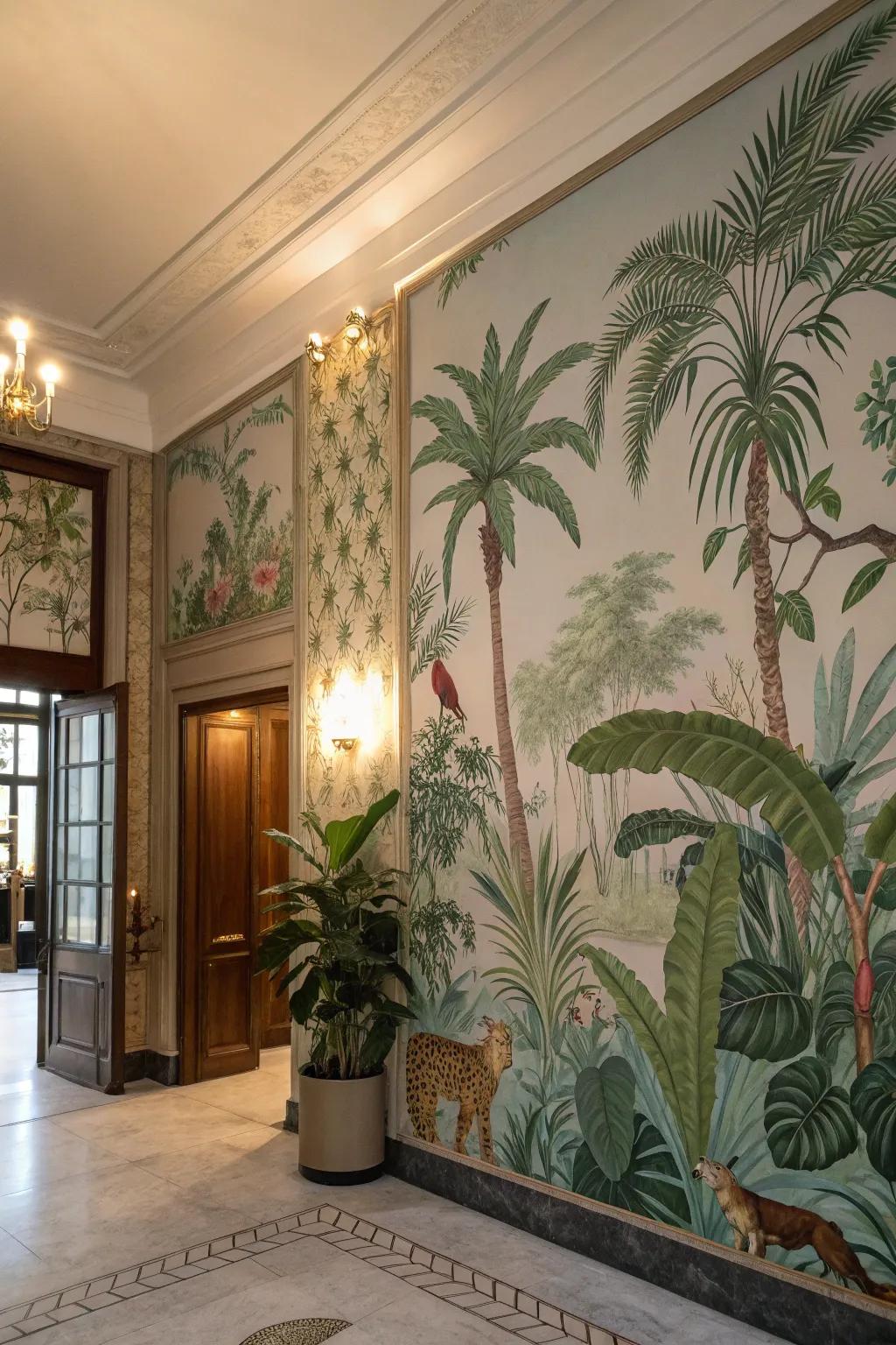 Wallpaper with jungle patterns can transform your room into an abundant wilderness.
