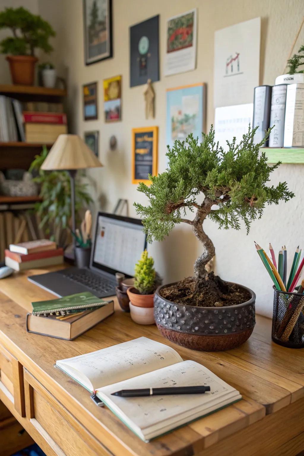An upright unrestrained juniper bonsai imparting warmth to a snug home office.