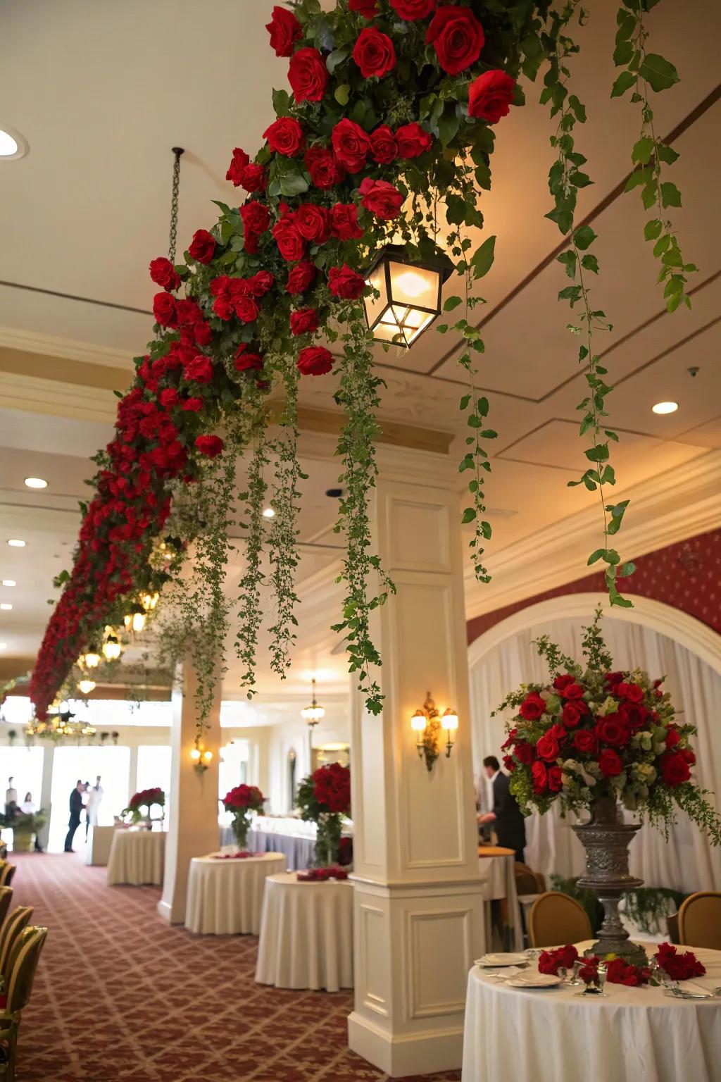 Stunning red rose garlands elegantly draped for a Derby-themed decor.