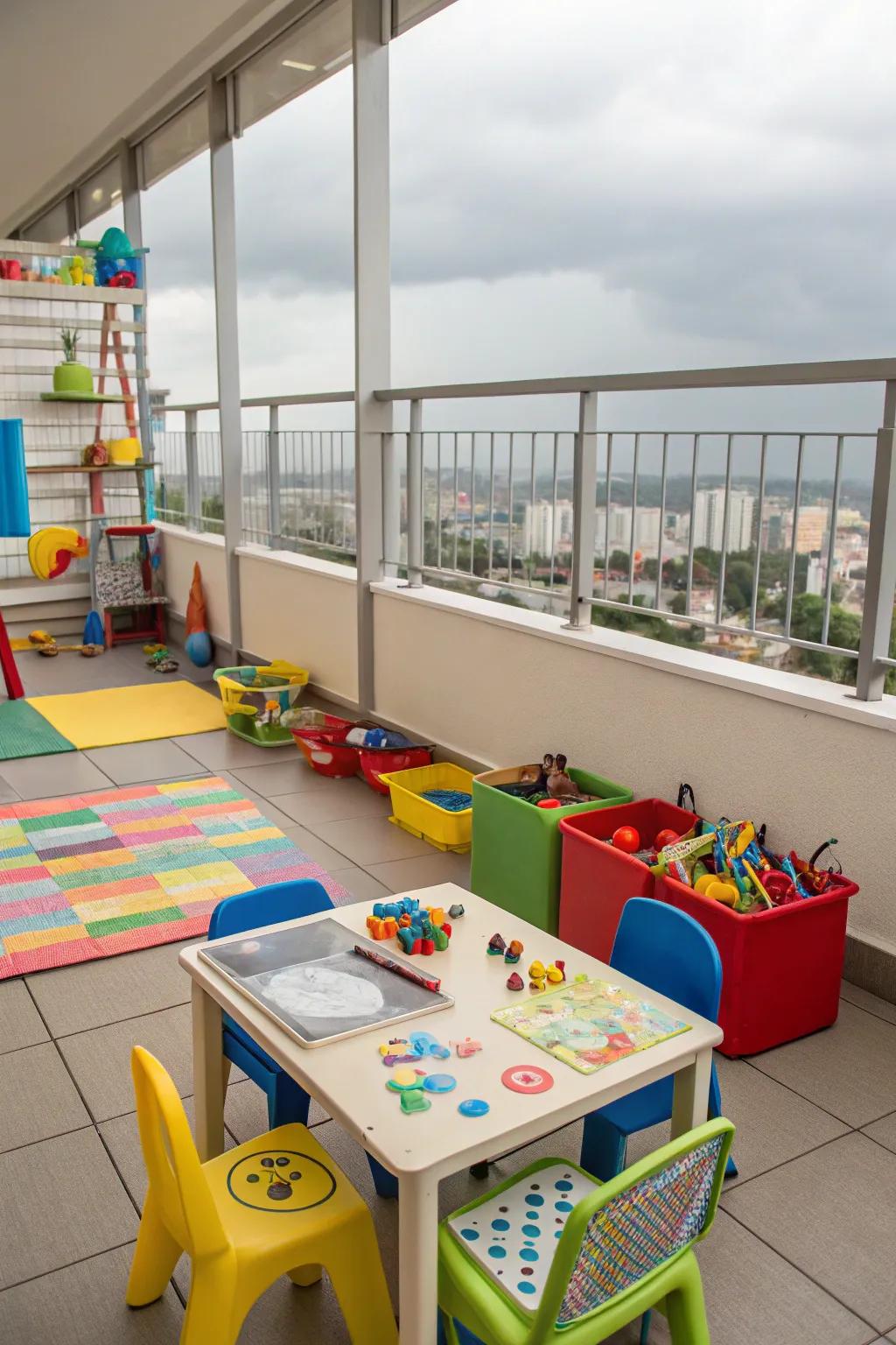 A burst of color with tiny tables and chairs transforms the balcony into a creative hub.