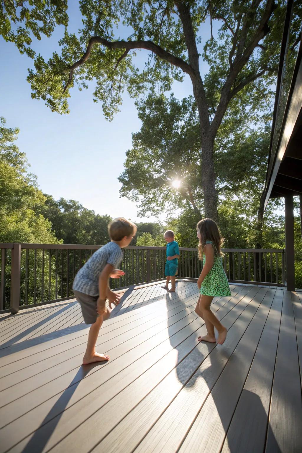 Kids playing barefoot on a sleek engineered deck, sunlight gently streaming through the trees.