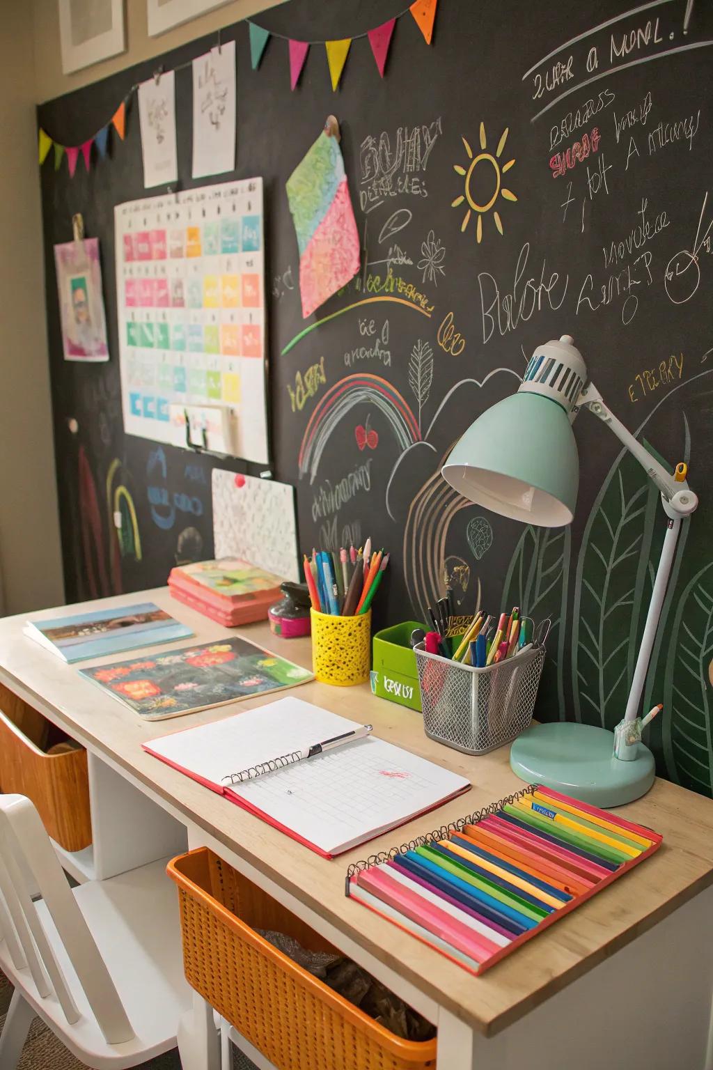An enjoyable blackboard surface designed for both imaginative expression and organizational purposes.