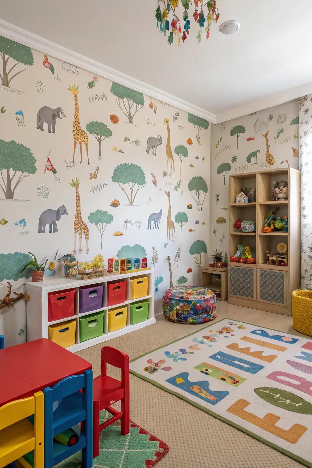 A playroom showcasing dynamic creature-themed wallpaper that encourages exploration.