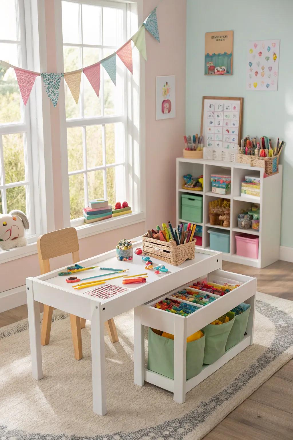 Adaptable convertible play table ideal for a wide array of activities.