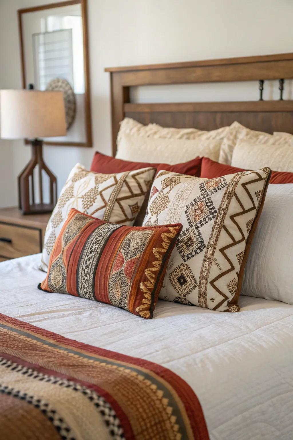 A collection of pillows adds color and pattern to this king-sized bed.