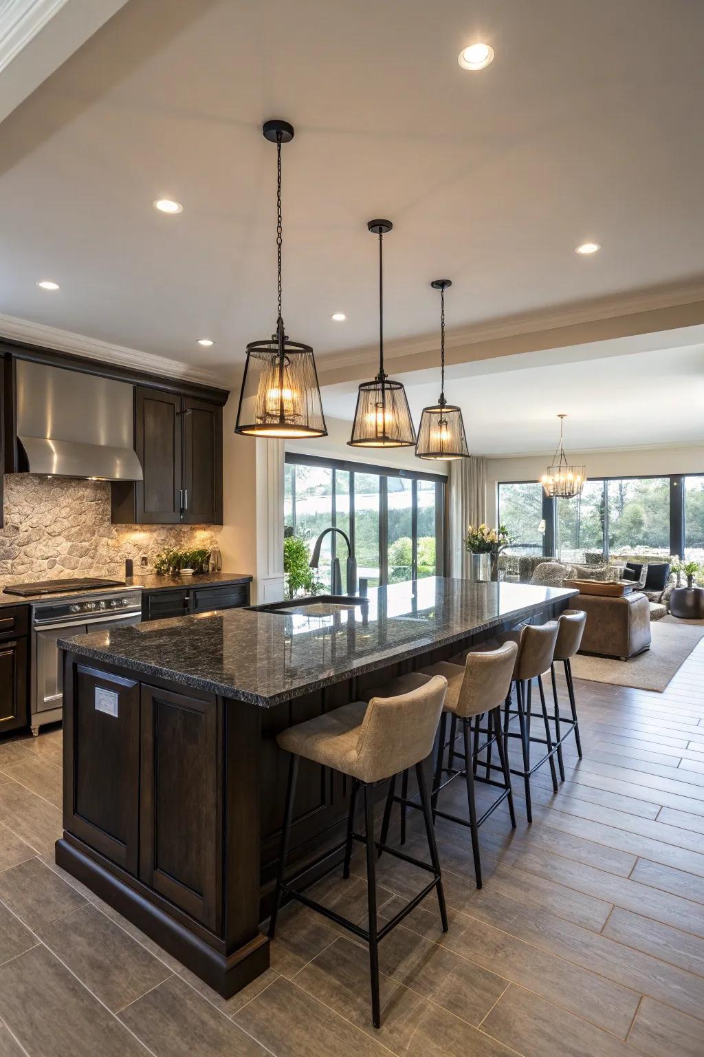 A kitchen island serves as both a dining and workspace.