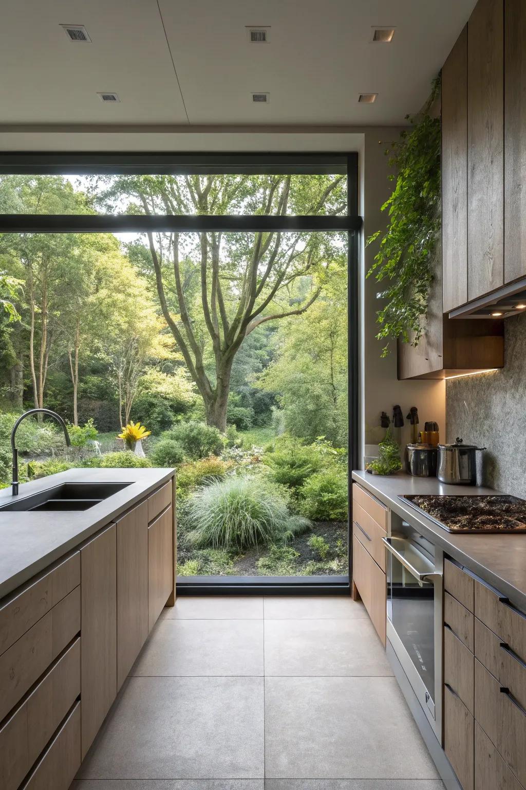 A full-length window backsplash seamlessly integrates the splendor of the outside world into the kitchen.