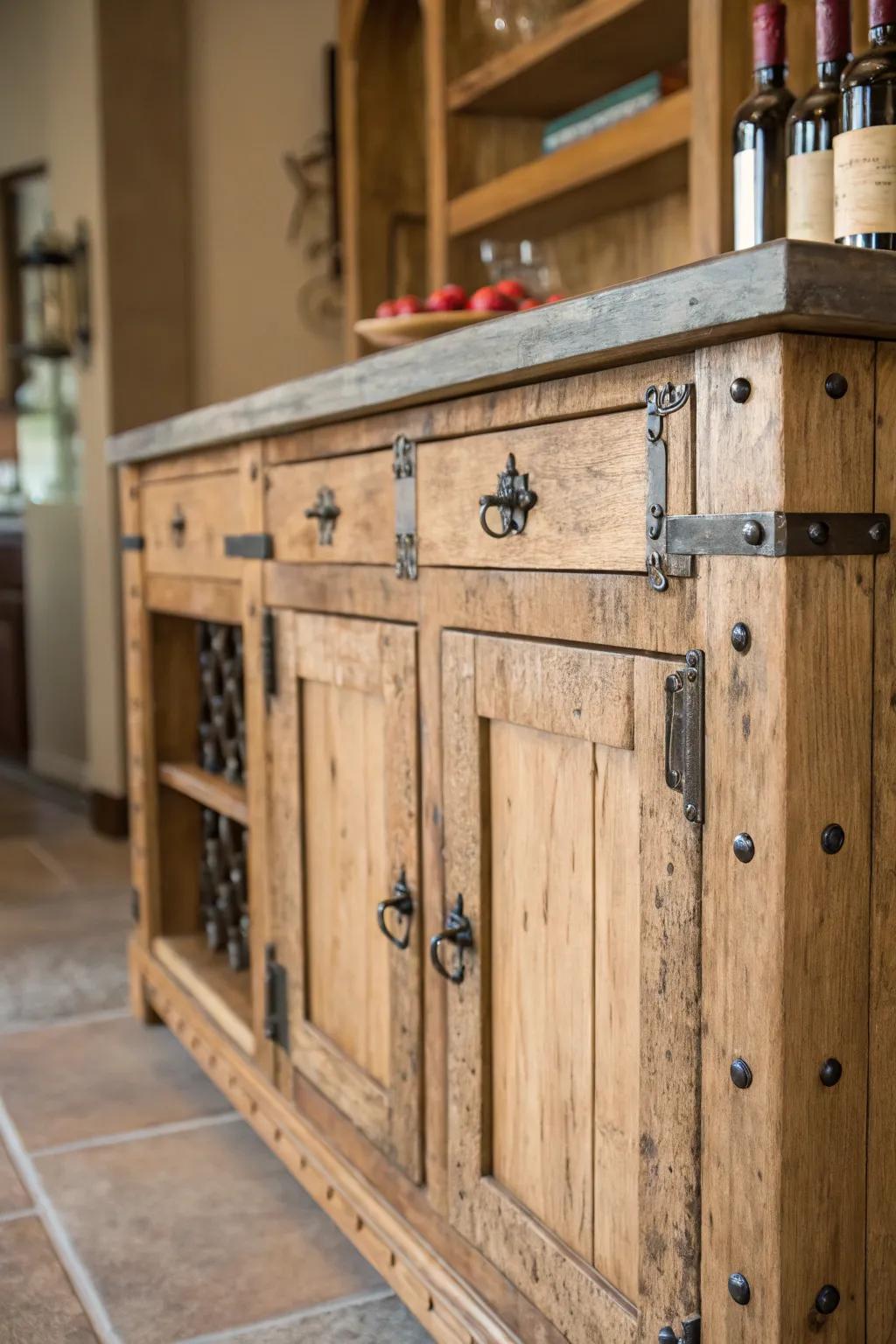 A rustic bar cabinet adding a cozy feel to the kitchen.