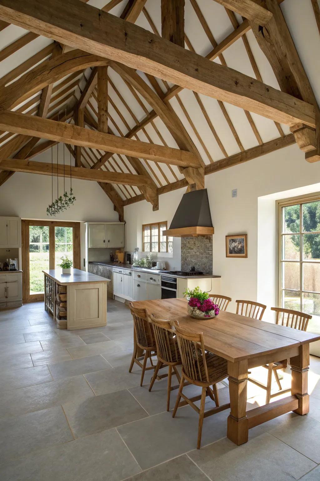 High ceilings and reinforcements combine to inspire a sense of grandeur within your kitchen.