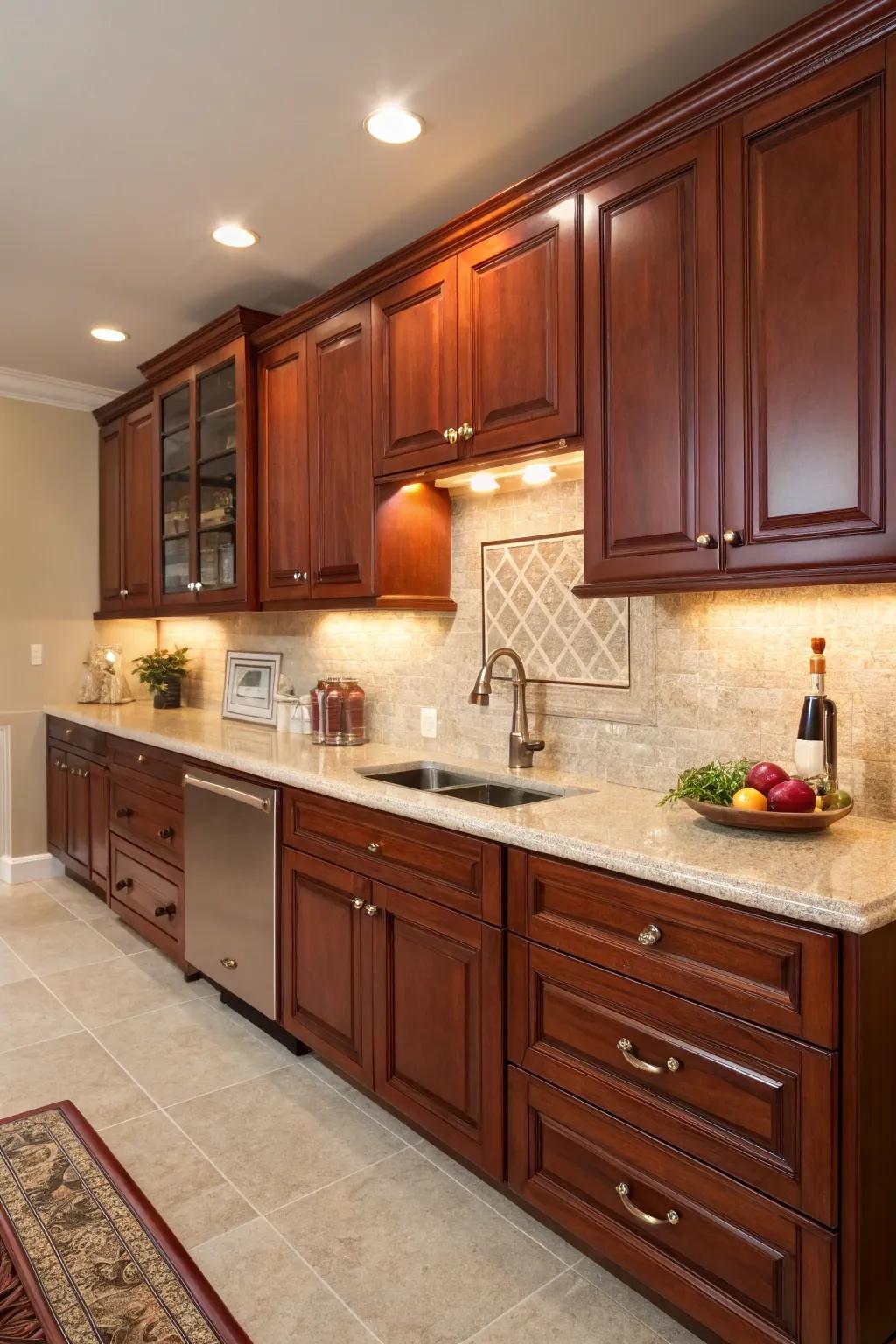 Cherry wood cabinets infuse warmth and luxury into the kitchen.