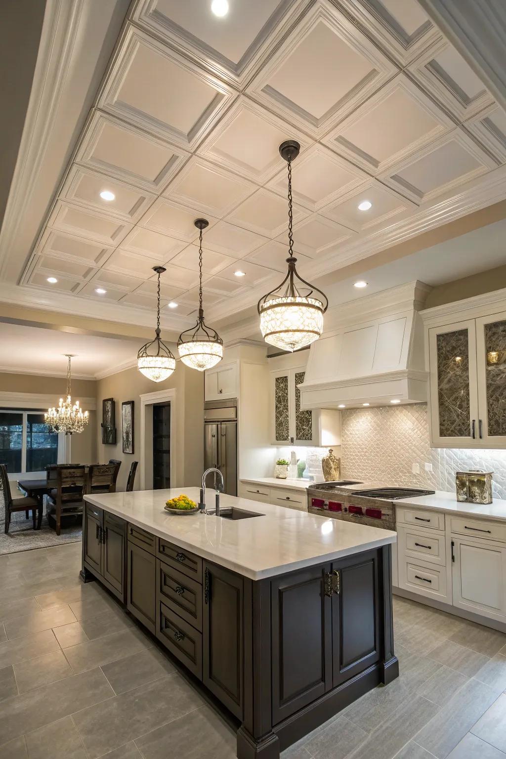 Incorporate refinement and dimension using a beautifully designed tiered ceiling.