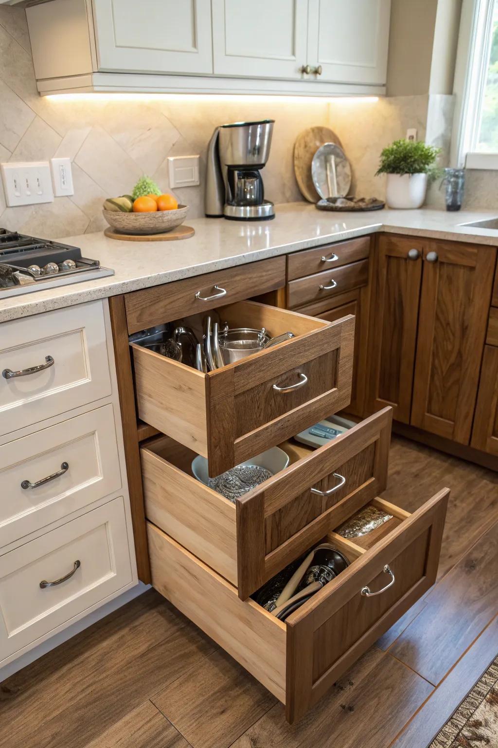 Angled drawers make the most of corner spaces while looking chic.