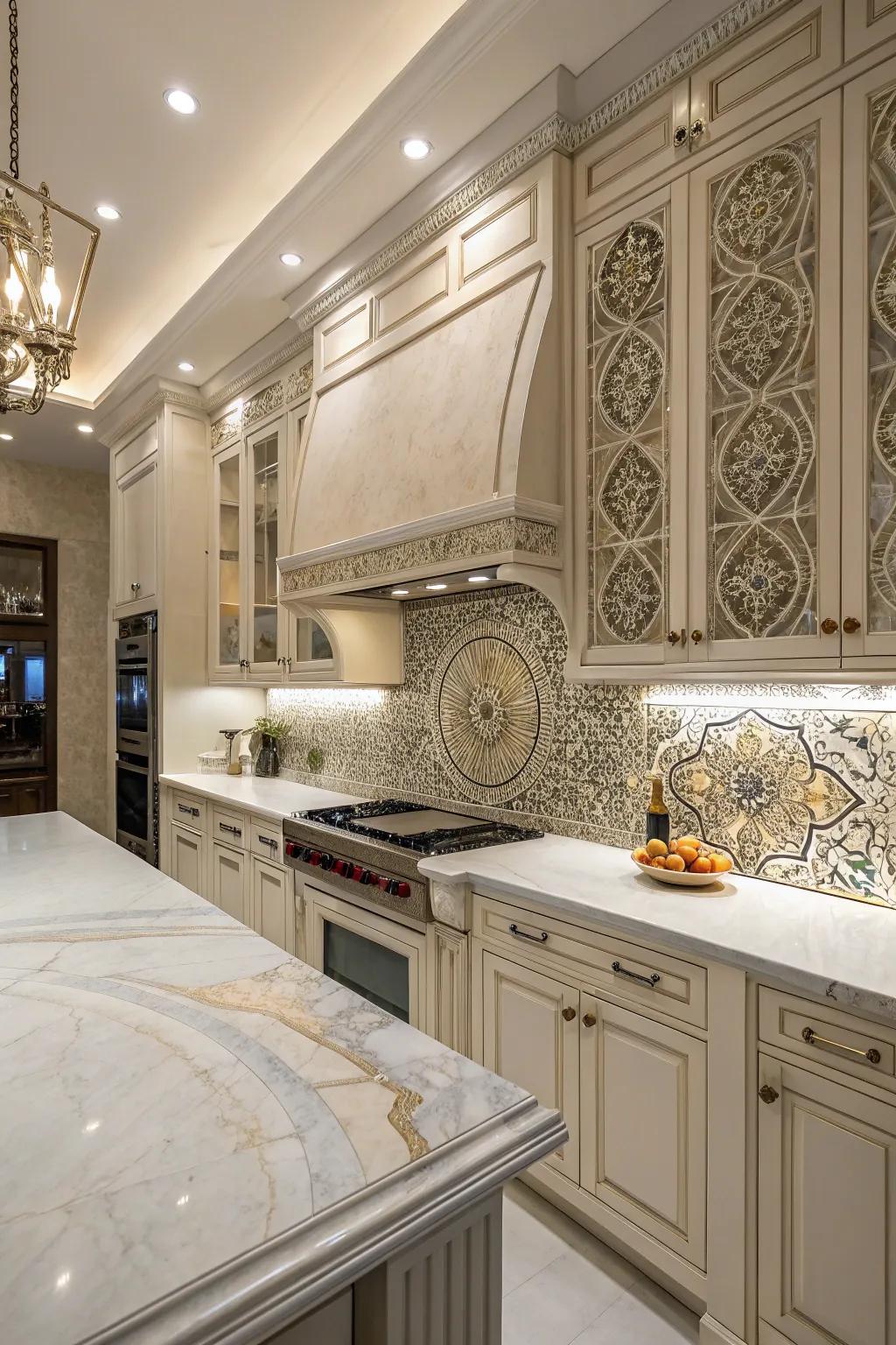 Elegant kitchen featuring marble surfaces and ornate backdrop designs.
