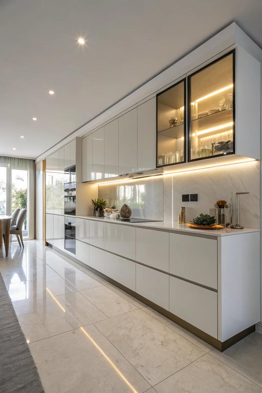 A sleek, minimalist credenza with built-in lighting in a modern kitchen.