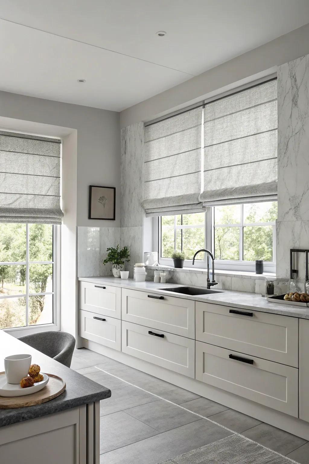 Unified shades offer a sleek and cohesive kitchen design.