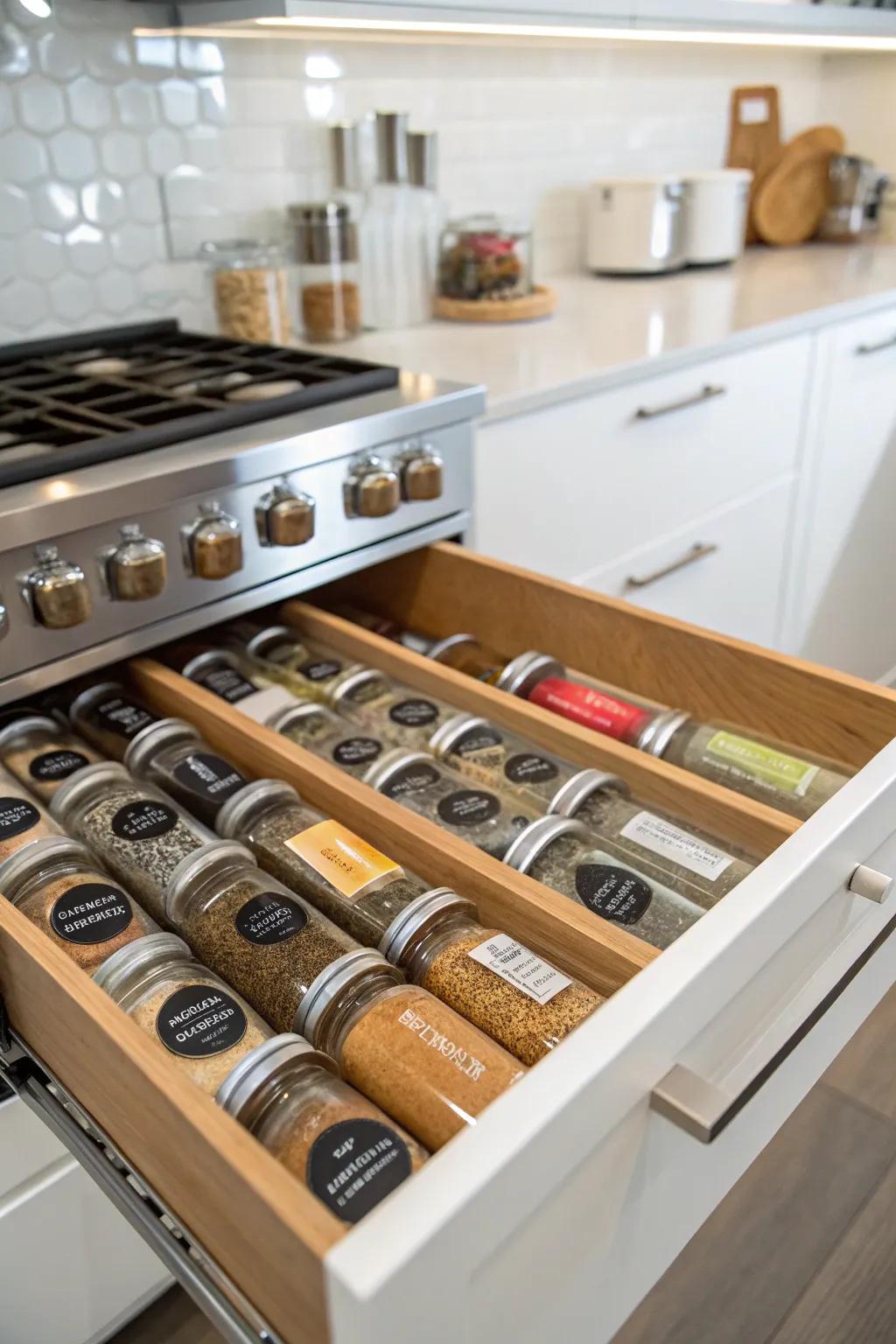 Organize your herbs with labeled containers for quick access and a pro look.