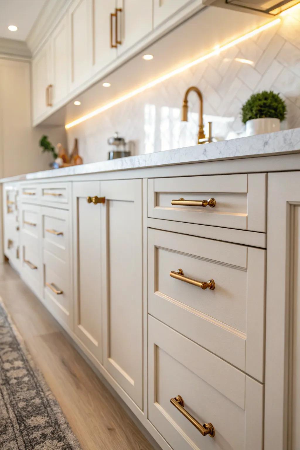 Elegant burnished copper hardware that complements light-shaded cabinetry.