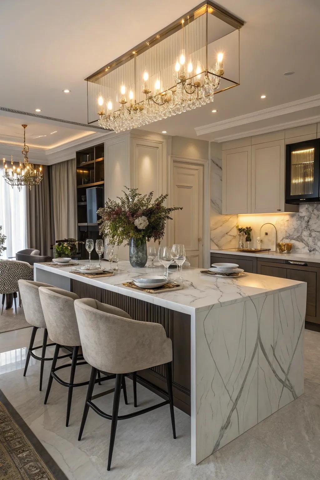 An elegant stone island evolves into a sophisticated dining setting.