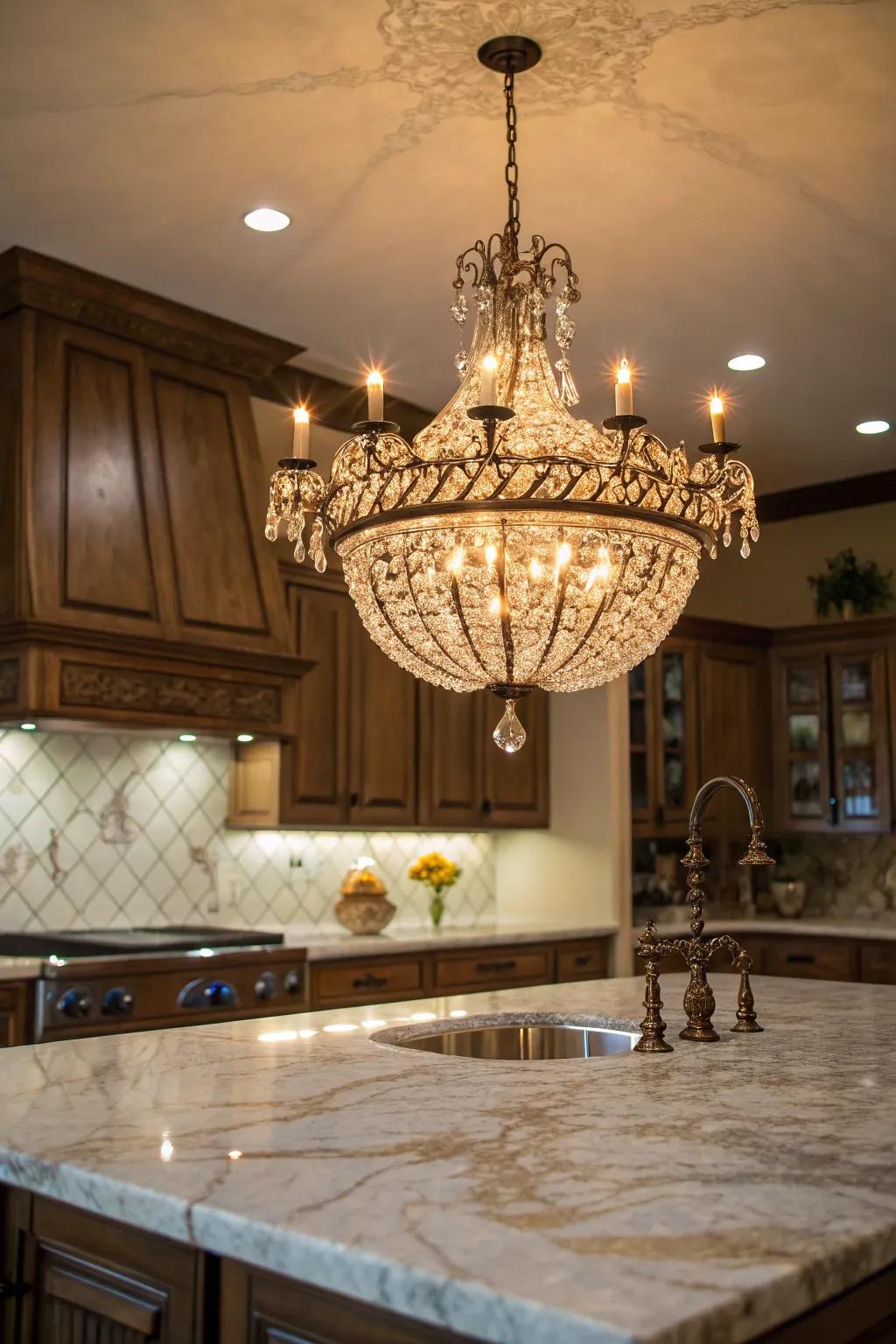 Installing a chandelier over your island brings refinement and sophistication.