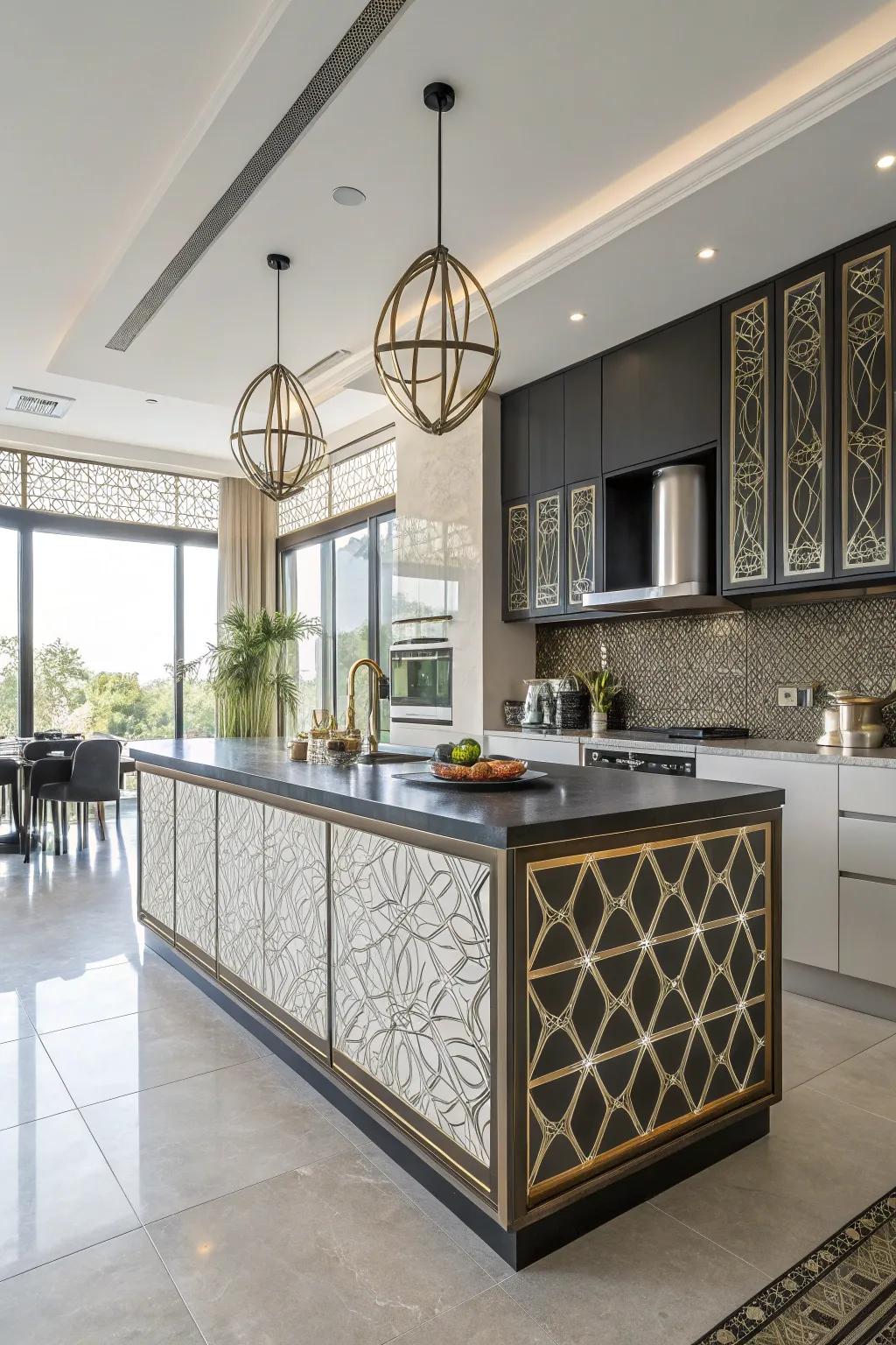 Modern island featuring striking geometric trim designs.