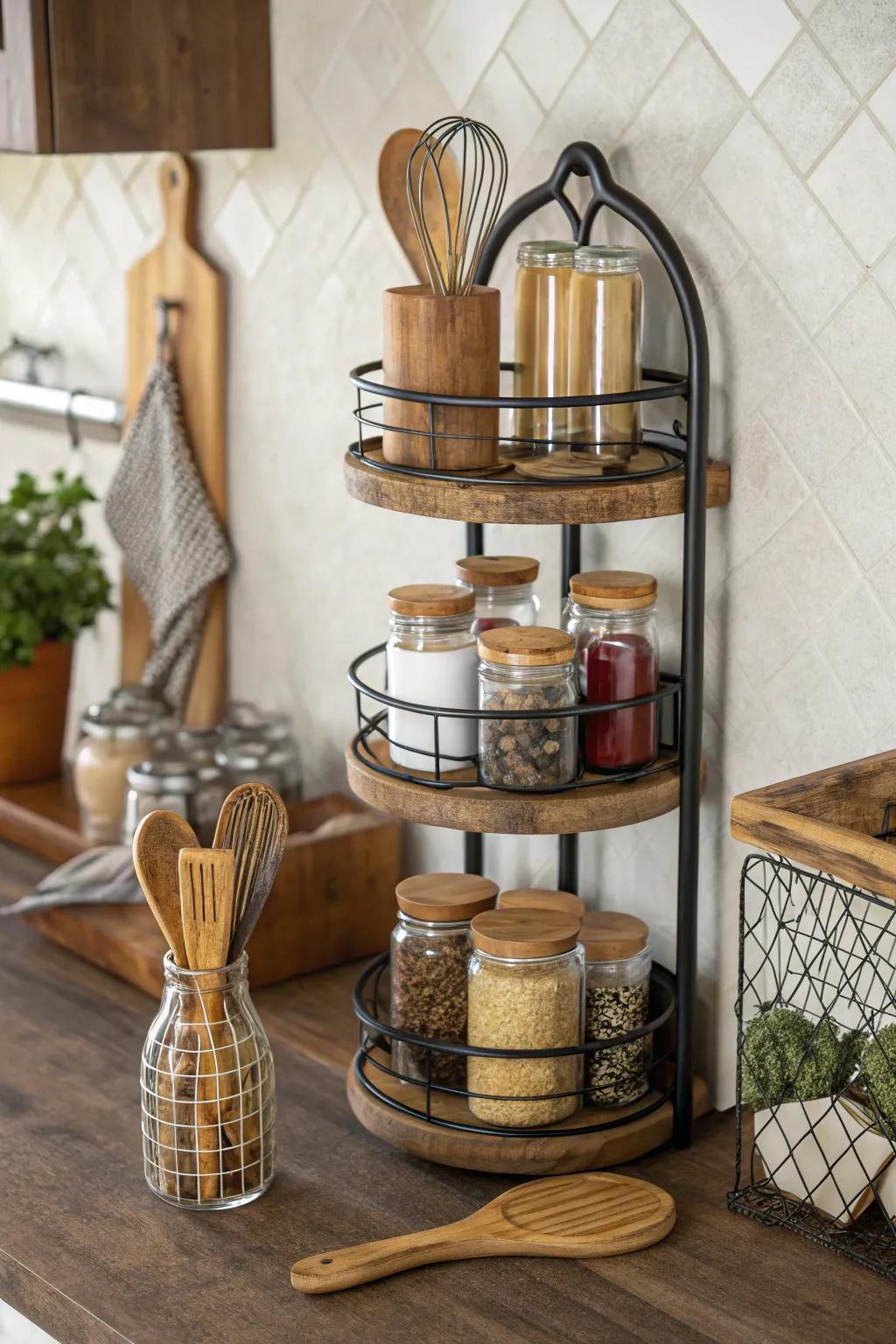 Natural elements, like timber and iron, provide a classic and durable kitchen ambiance.