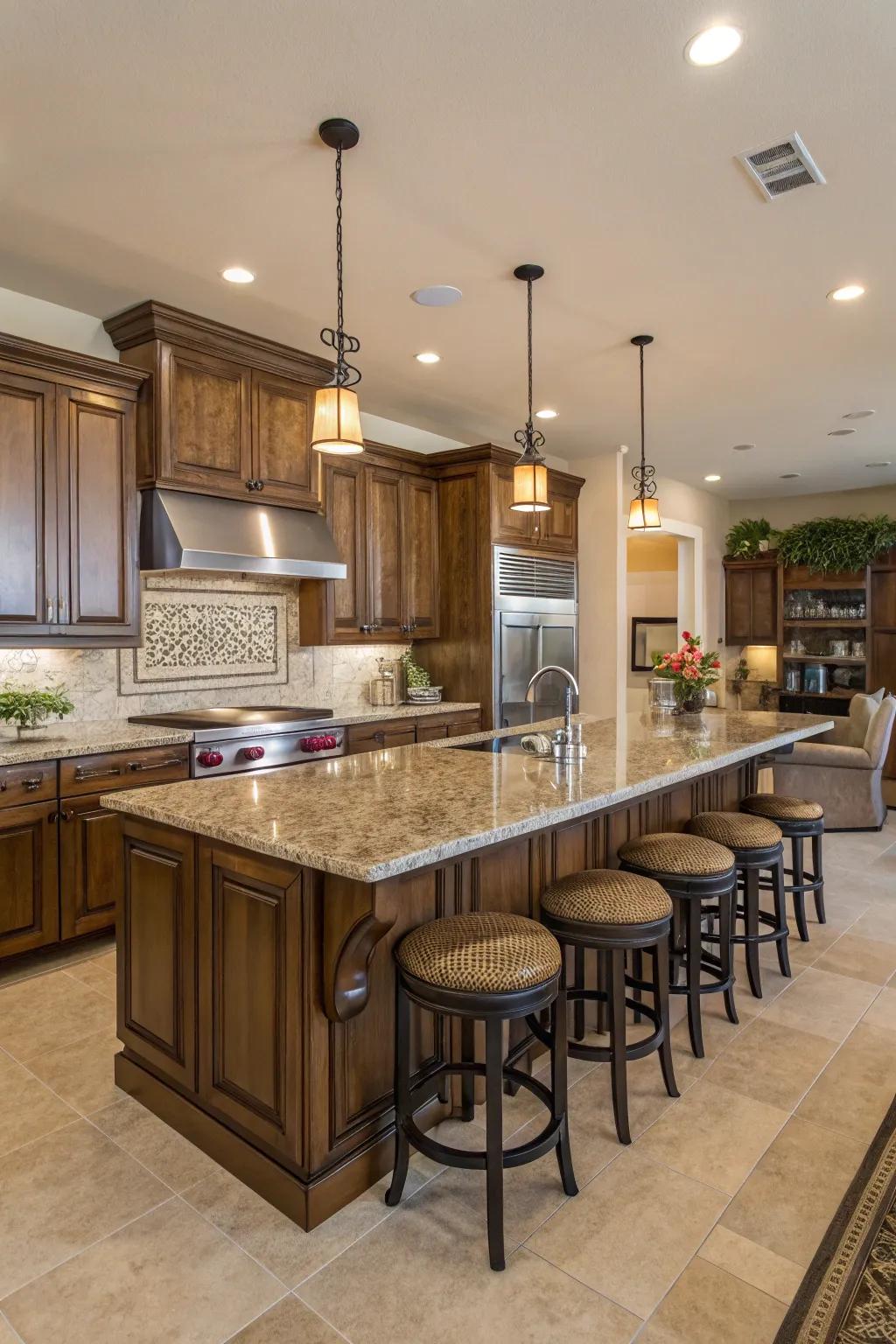 A kitchen featuring a large island with bar seating, perfect for socializing.
