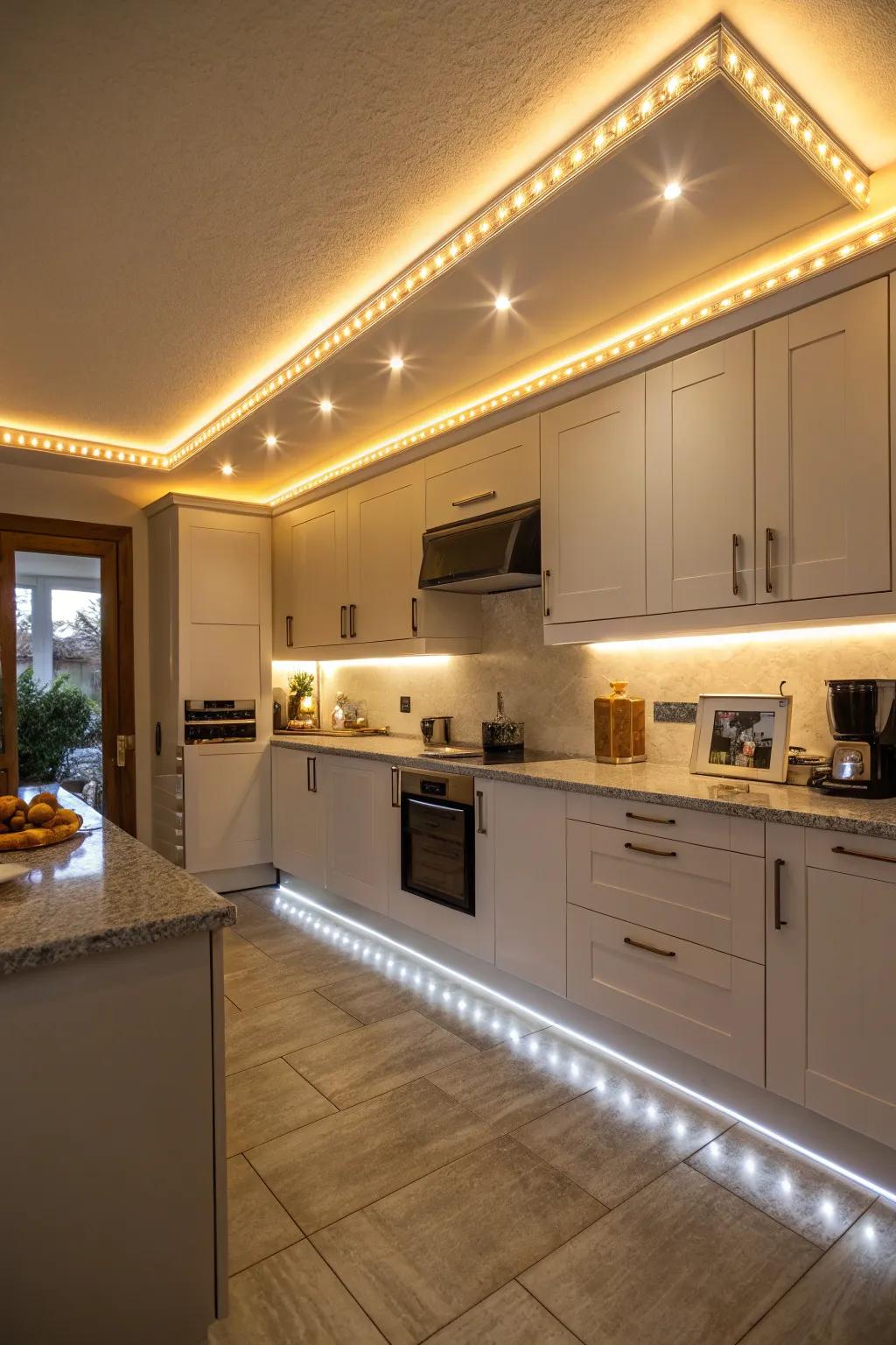 LED strip lights impart a welcoming vibe to your kitchen.