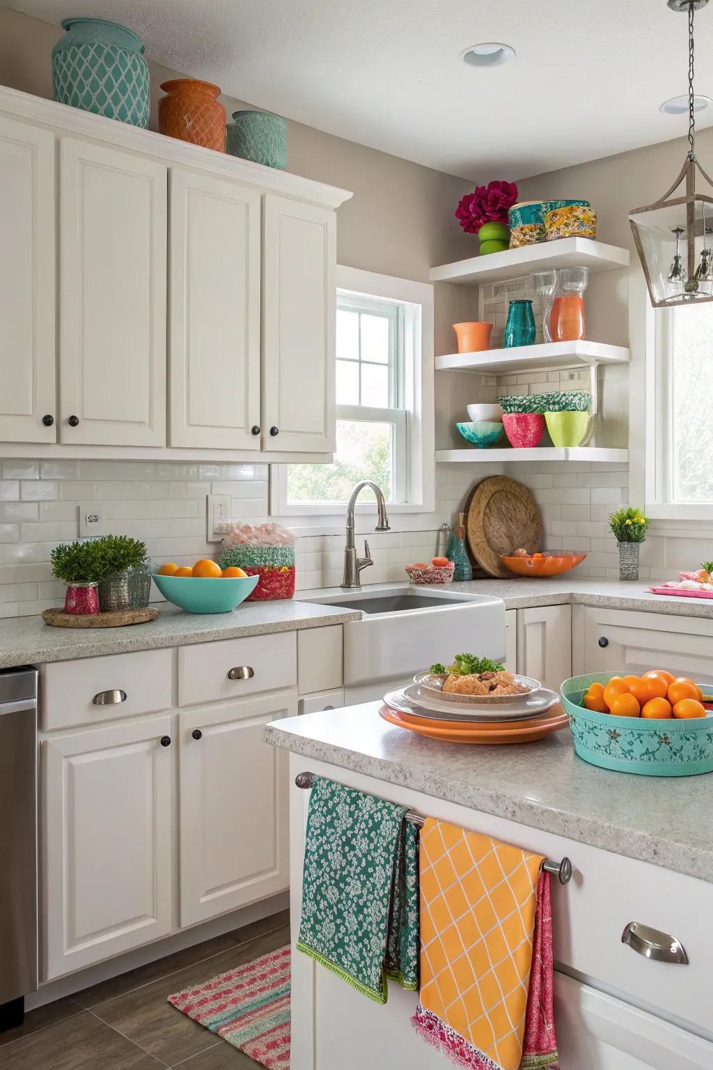 Colorful accessories bring vibrancy to a neutral kitchen palette.