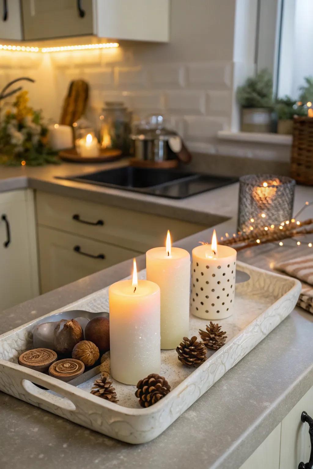 The gentle glow of candlelight introduces a sense of coziness and sophistication to any cooking space.