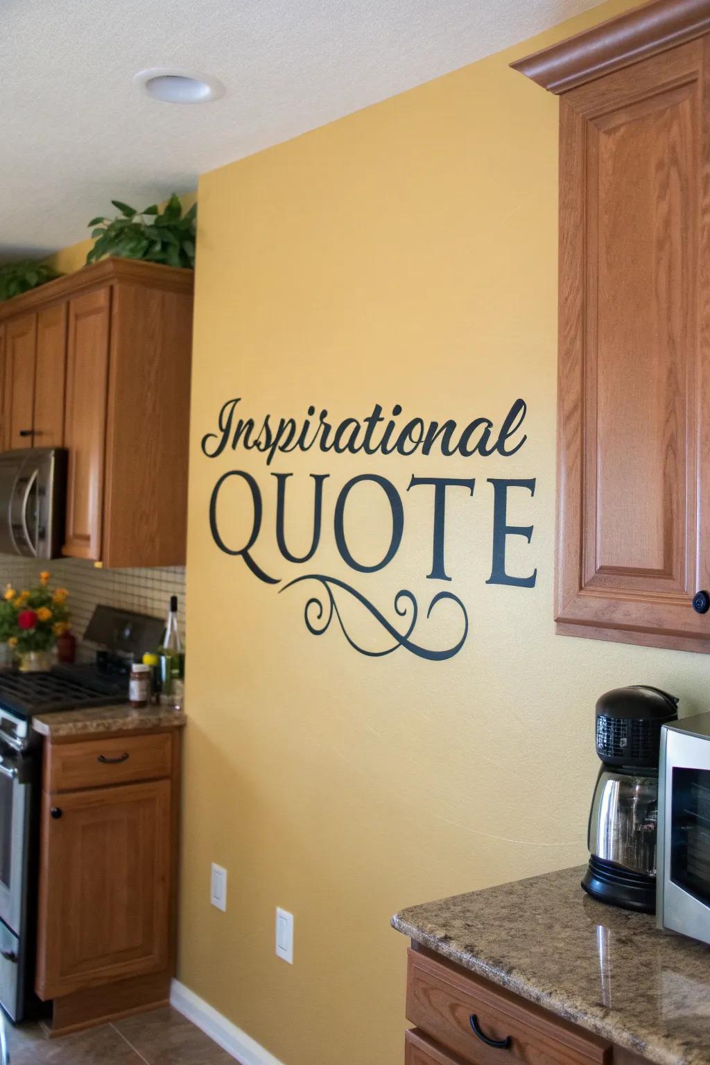 A kitchen wall is enhanced with an elegant quote, adding charm and comfort.