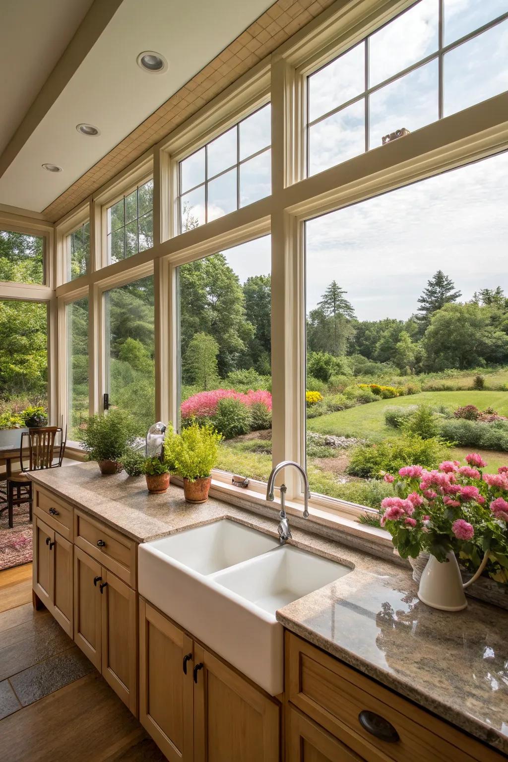 A kitchen featuring sweeping scenery windows providing a captivating garden view.