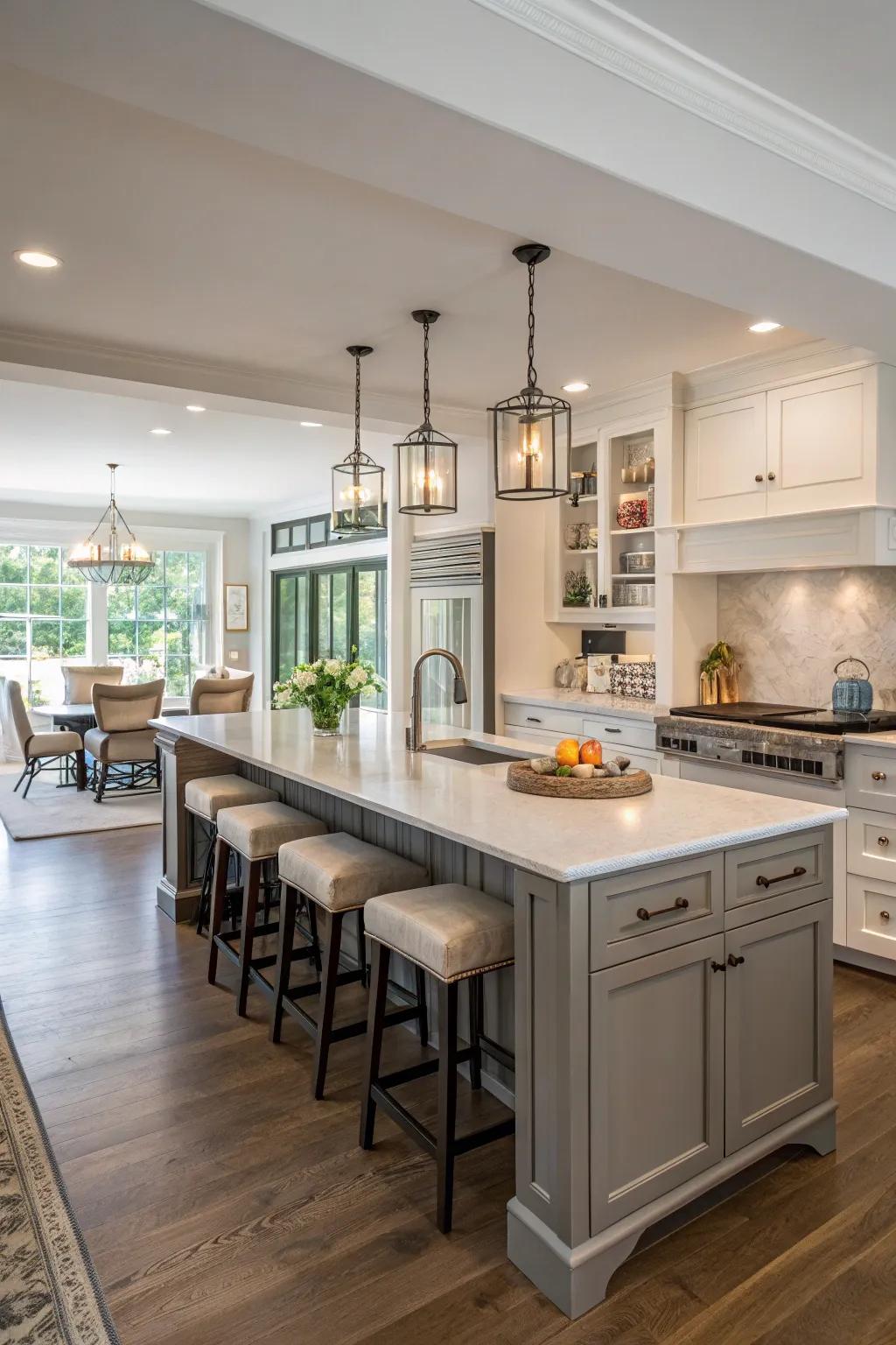 A flexible kitchen island that competently fulfills various functions.
