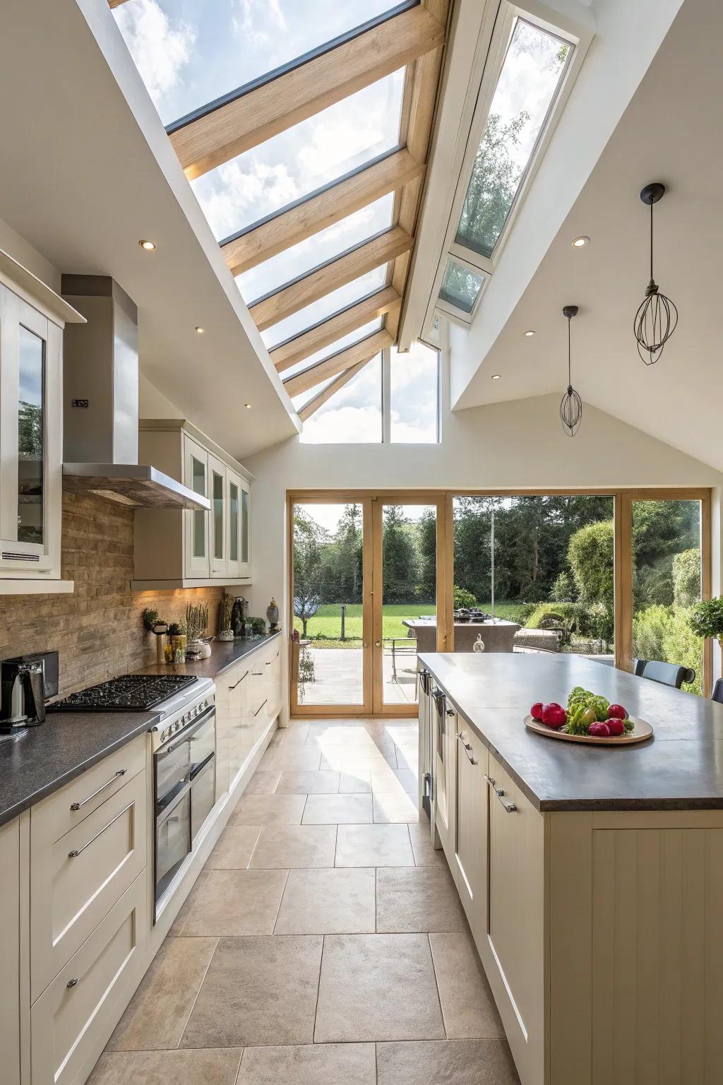Skylights brighten this kitchen, showcasing its vaulted ceiling and airy design.