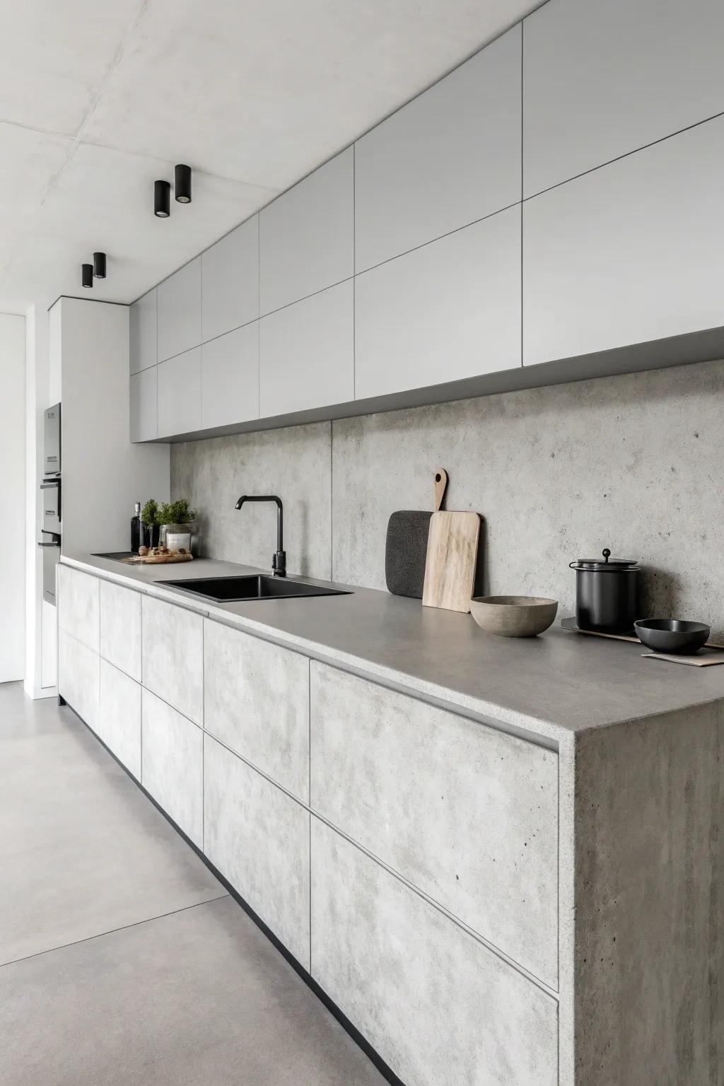 A minimalist kitchen showcasing engineered stone worktops in a monochrome scheme.
