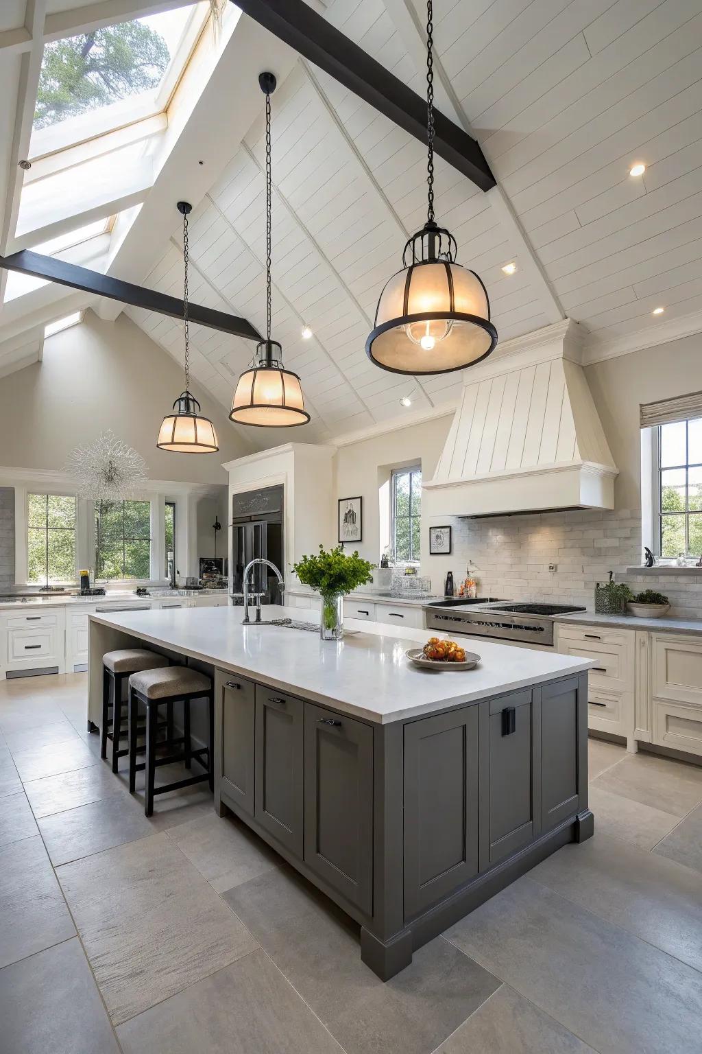 Striking hanging lights illuminate and accentuate the kitchen's height.
